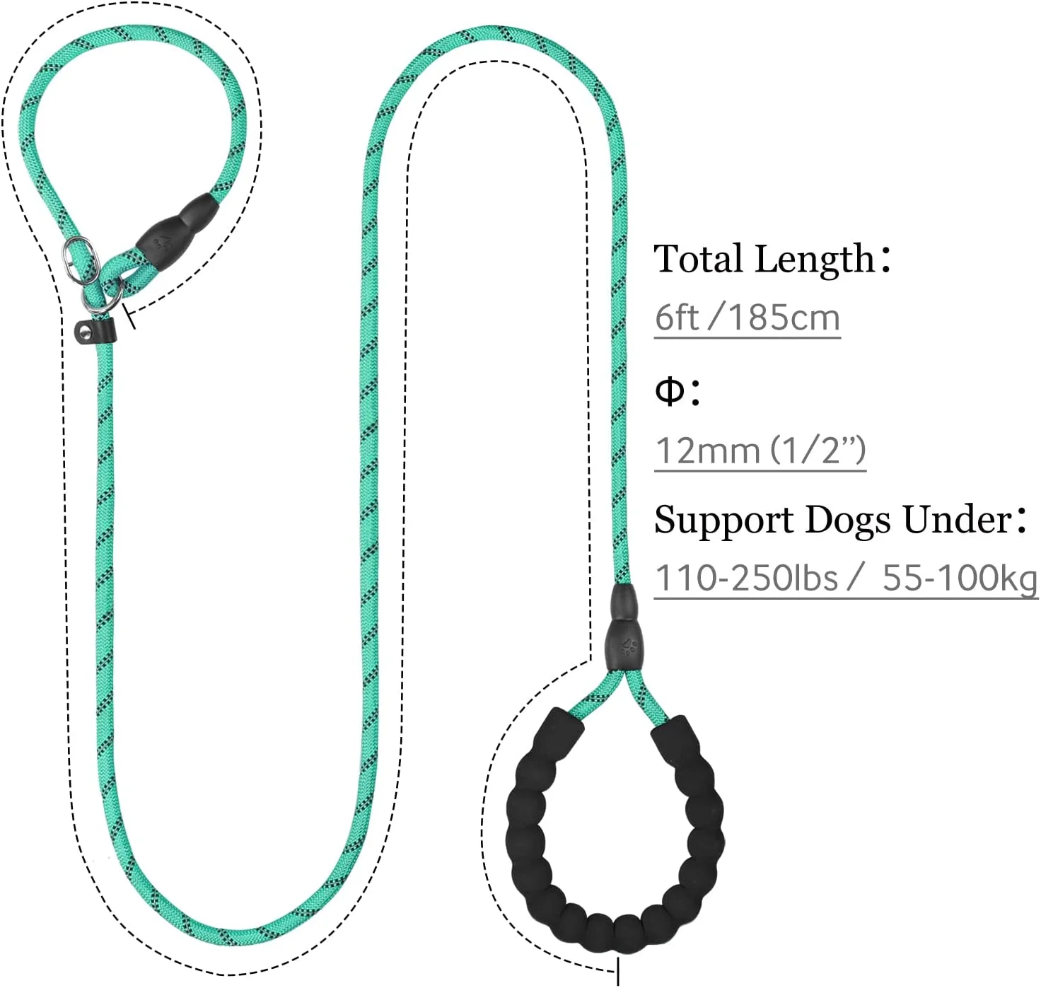 TagME 6 FT Slip Lead Dog Leash,12 Colors,Reflective Strong Rope Slip Leash with Padded Handle,Durable No Pulling Pet Training Leash for Puppy/Small Dogs,Turquoise