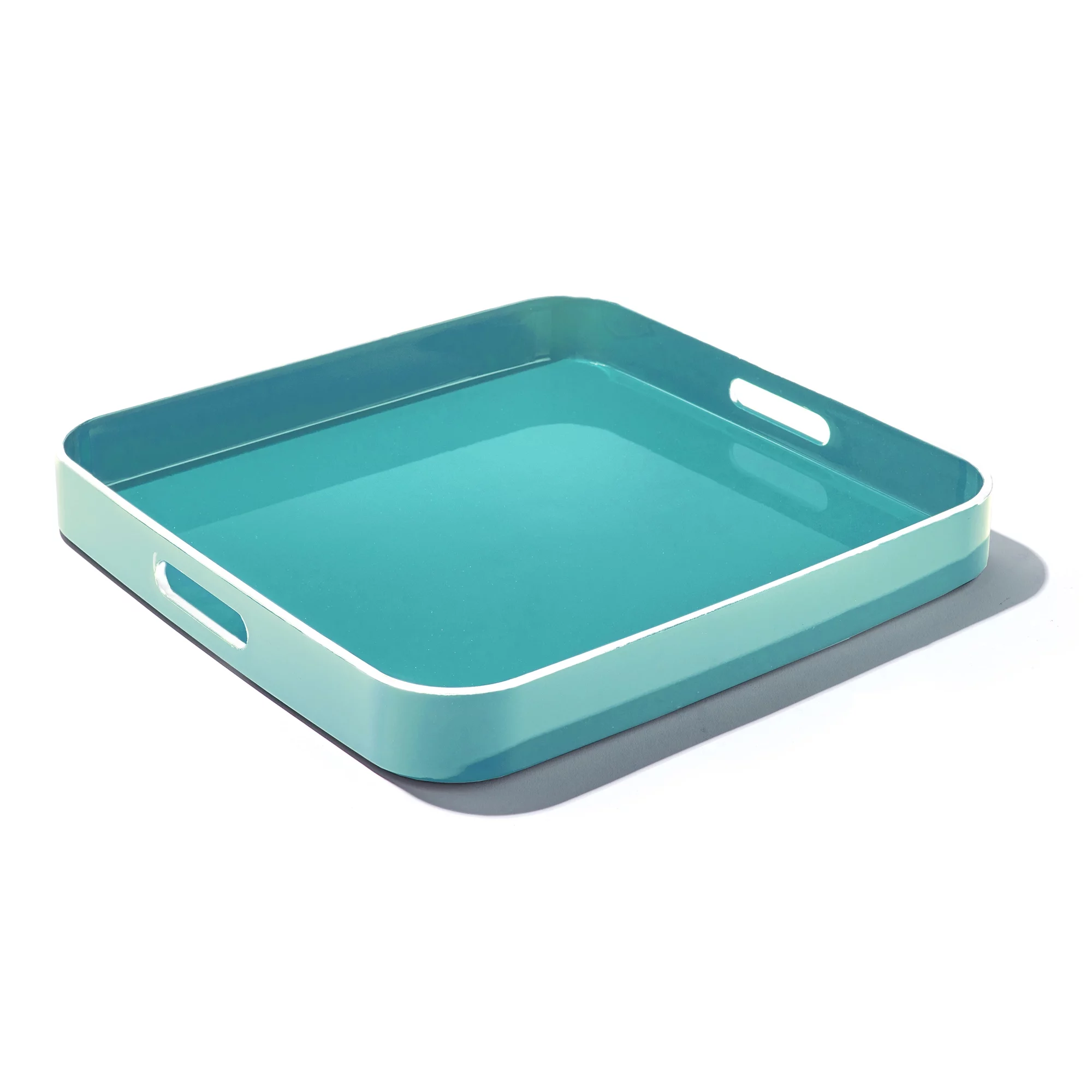 Trina Turk, Turquoise with White Rim Polypropylene Square Serving Tray with Handles, Set of 2