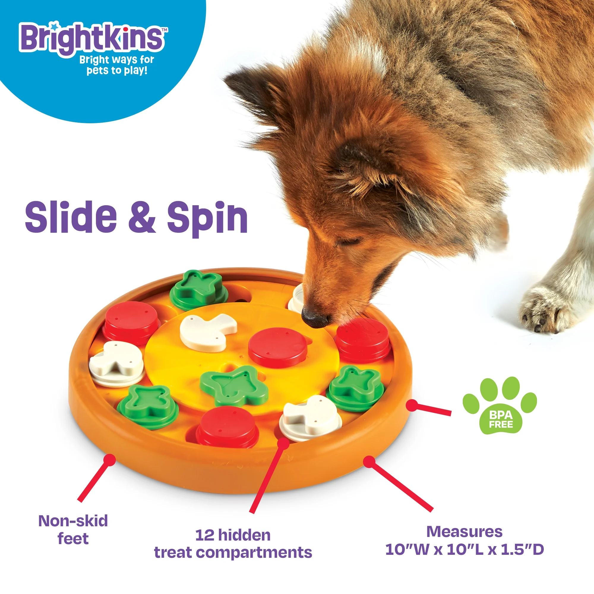 Brightkins Pizza Party! Dog Toy Treat Puzzle, Multi-color Food Dispenser for Puppy Enrichment Training