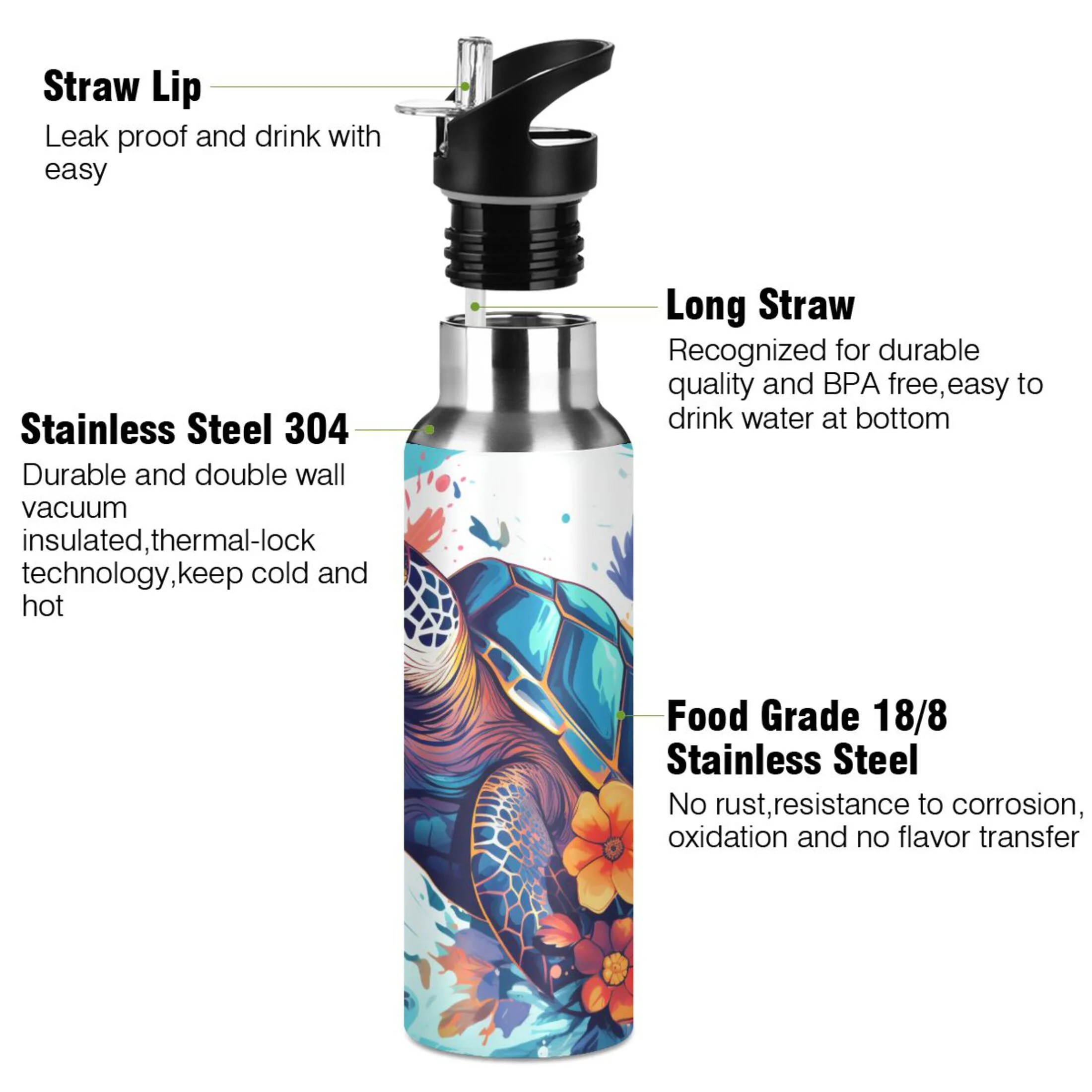 Sea Turtle with Floral Water Bottles Insulated Thermos Kids Stainless Steel Bottle with Straw Lid Flask Leakproof for Sports Gym 20 oz