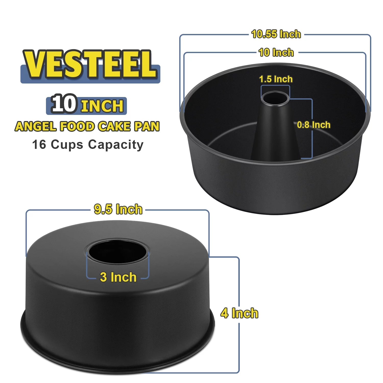 Vesteel 10 inch Cake Pan, Non-Stick Angel Food Cake Pan Chiffon Cake Mold Pound Cake Pan with Tube, Non-Toxic & Durable