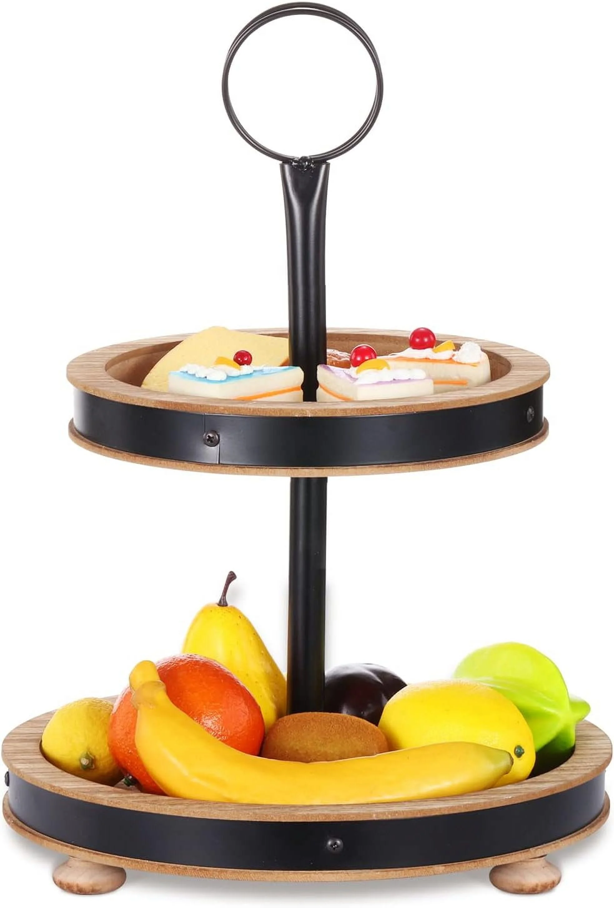 Urban Deco Modern Farmhouse Wooden Decorative Three Tiered Round Trays Serving Tray Stand with Metal Handle in Fire Color