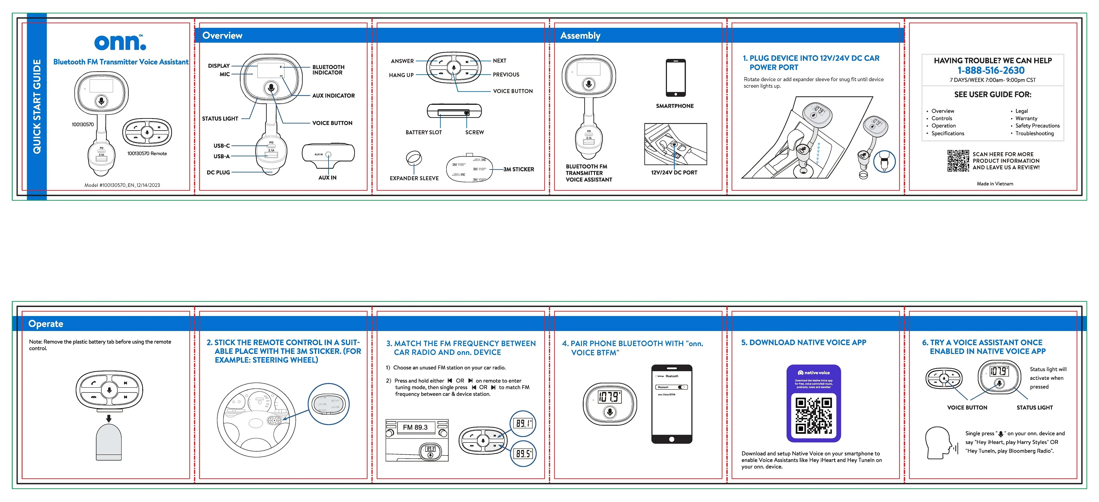 onn. Bluetooth Wireless FM Transmitter with Native Voice App Compatible with Smartphone,7*2.2*1.6'