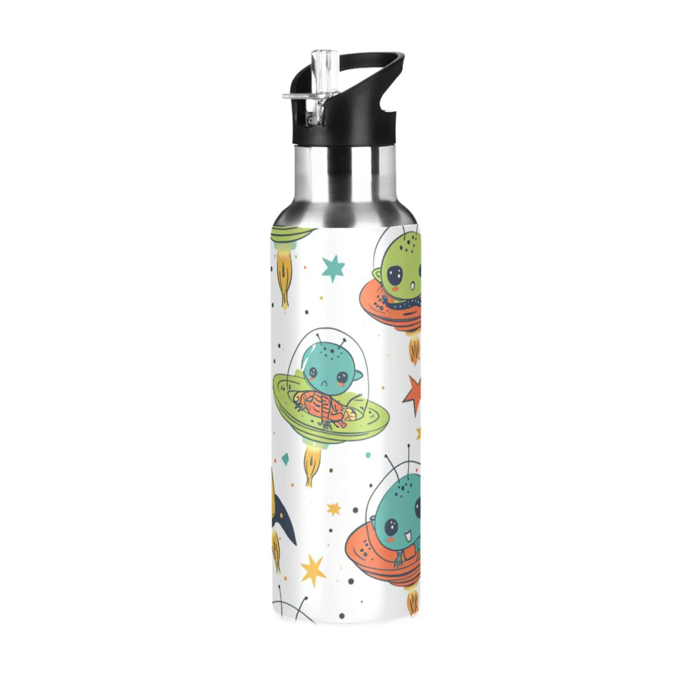 Cartoon Spacecraft Water Bottles Insulated Thermos Kids Stainless Steel Bottle with Straw Lid Flask Leakproof for Sports Gym 20 oz
