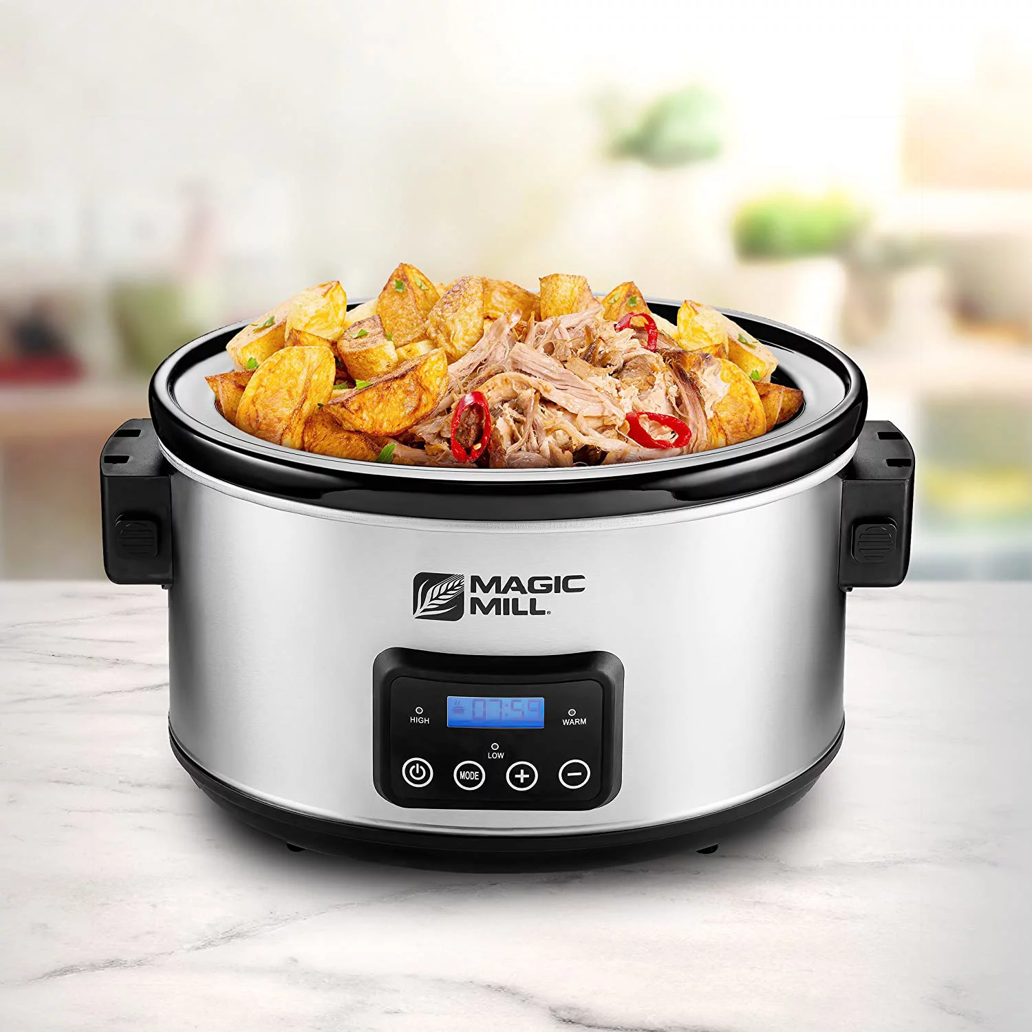 Magic Mill 8.5 Quart Slow Cooker Crock Pot, Digital Programmable, 20 Hour Timer, 3 Cooking Settings, Locking Lid for Easy Transport, Dishwasher Safe