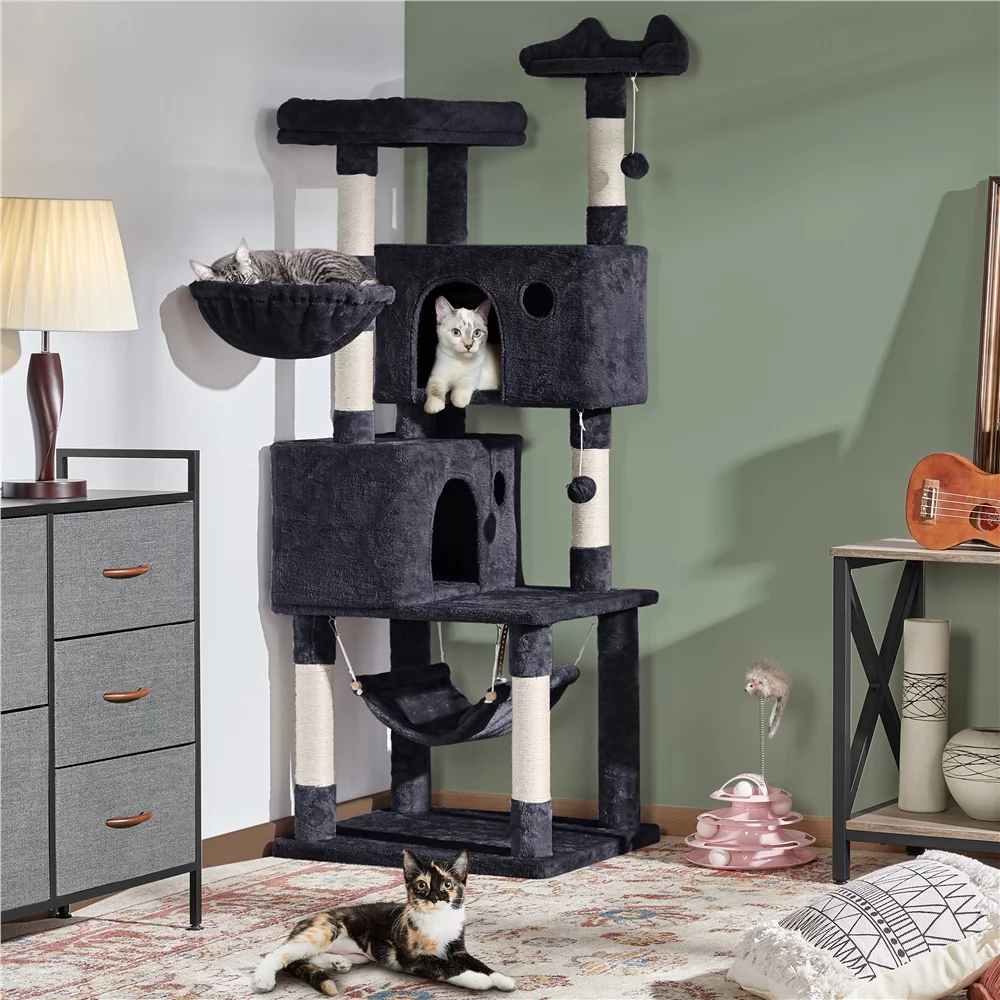 Topeakmart 64.5in Multi-level Large Cat Tree Condo Tower with Hammock Scratching Posts & Hammock, Black