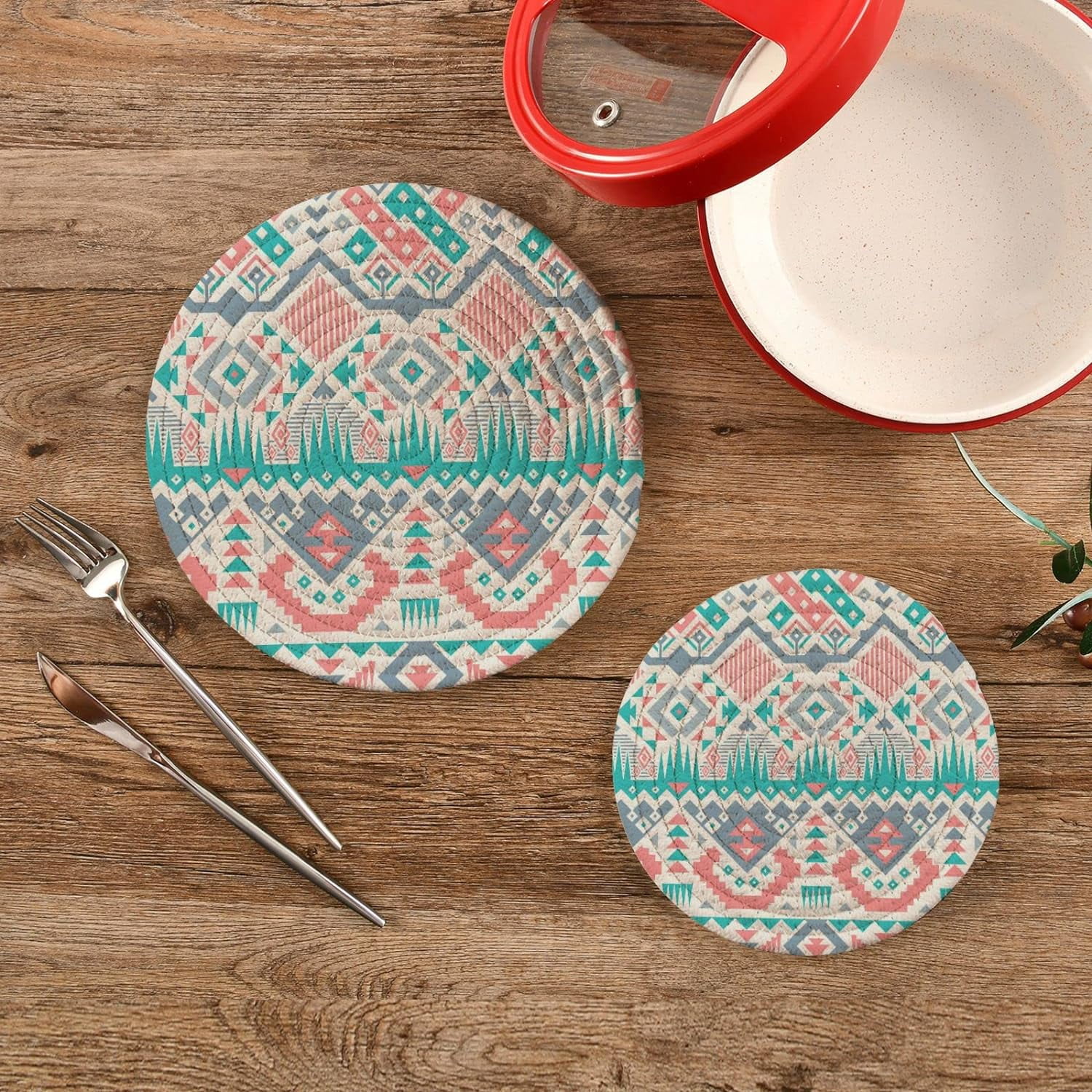 SKYSONIC Pot Holders Trivets set, 2 Pcs,Pink Blue Tribal Geometrical Ethnic Print Potholders for Kitchen Thread Weave Trivets for Hot Dishes/Pot/Bowl/Teapot/Hot Pot Holders