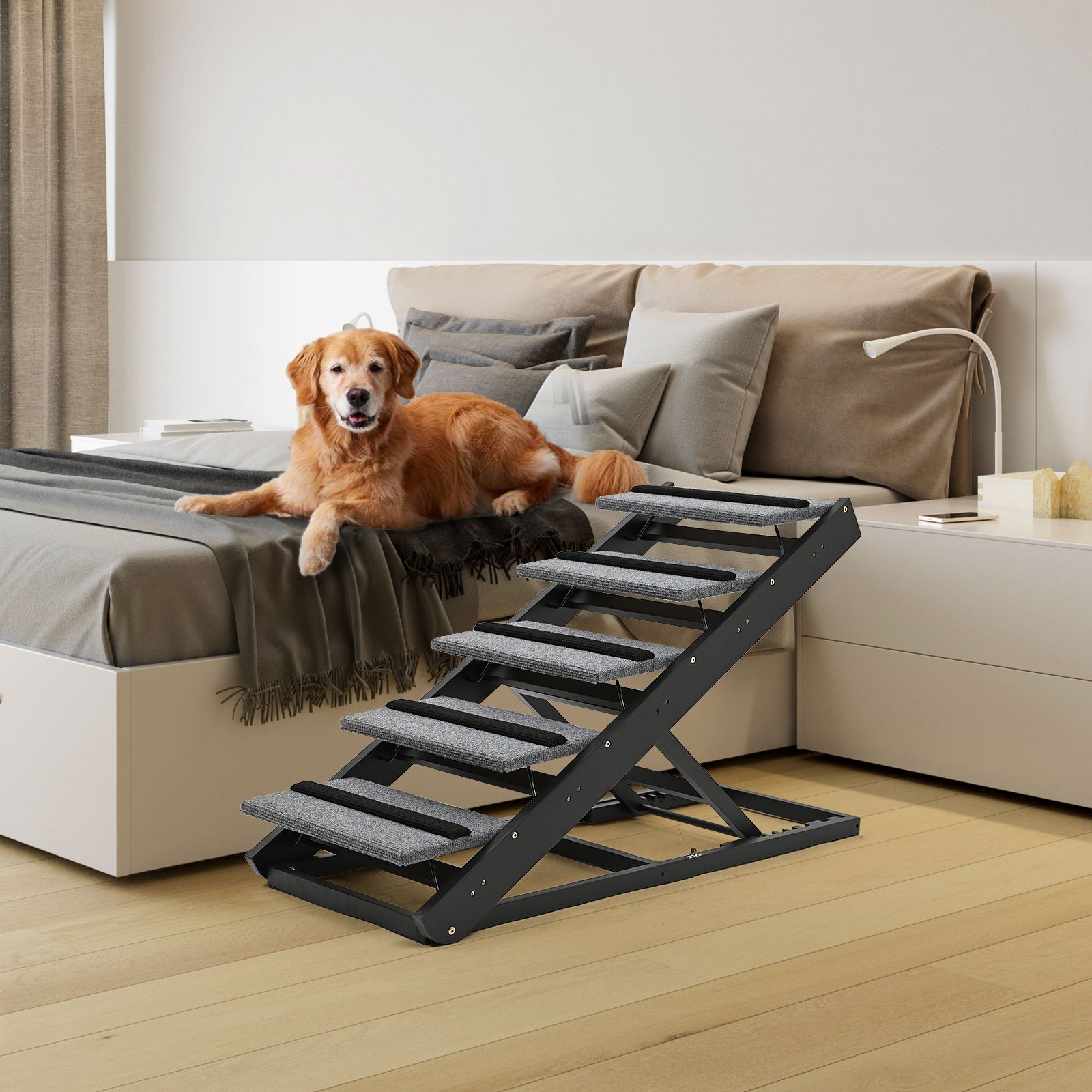 FICISOG Dog Stairs for Large Dogs, 2-in-1 Adjustable Dog Car Ramp Dog Stairs for High Bed, Wooden Folding Pet Ramp Stair with Non-Slip Surface, 5 Levels | Up to 200lbs