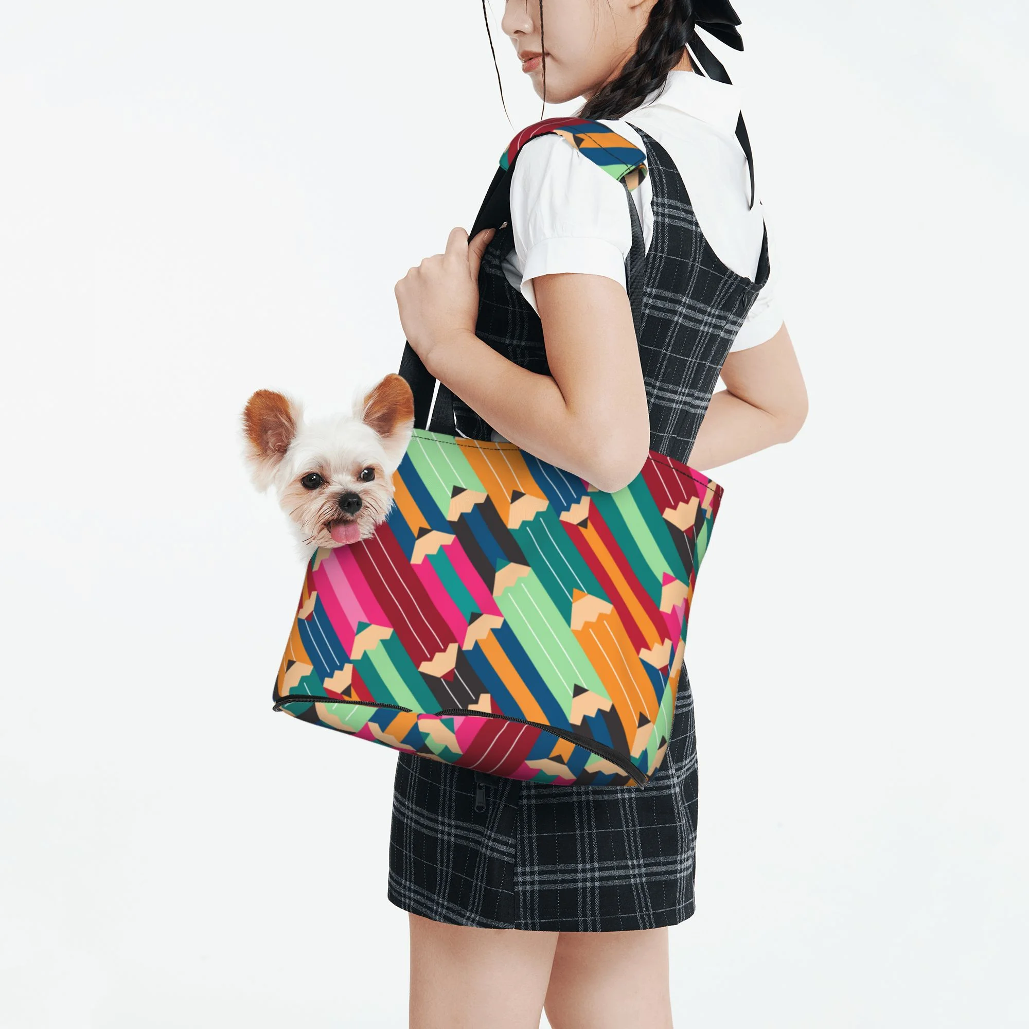 TEQUAN Foldable Dog Purse Carrier, Collapsible Abstract Colorful Pencils Prints Pet Travel Tote Bag for Small Cat Puppy, Waterproof Dog Soft-Sided Carriers