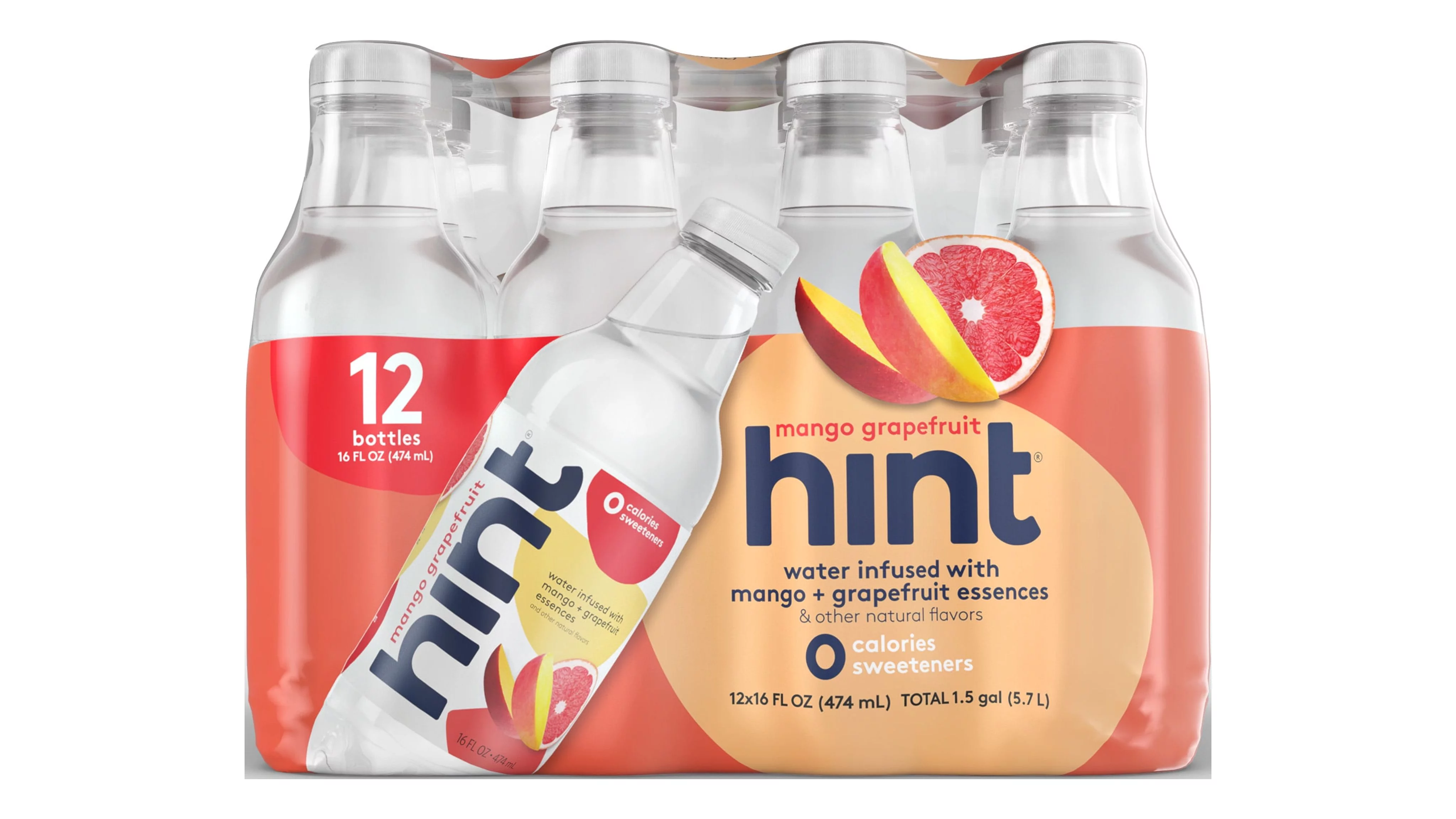 Hint Water Mango-Grapefruit, (Pack of 12) 16 Ounce Bottles, Pure Water Infused with Mango and Grapefruit, Zero Sugar, Zero Calories, Zero Sweeteners, Zero Preservatives, Zero Artificial Flavors