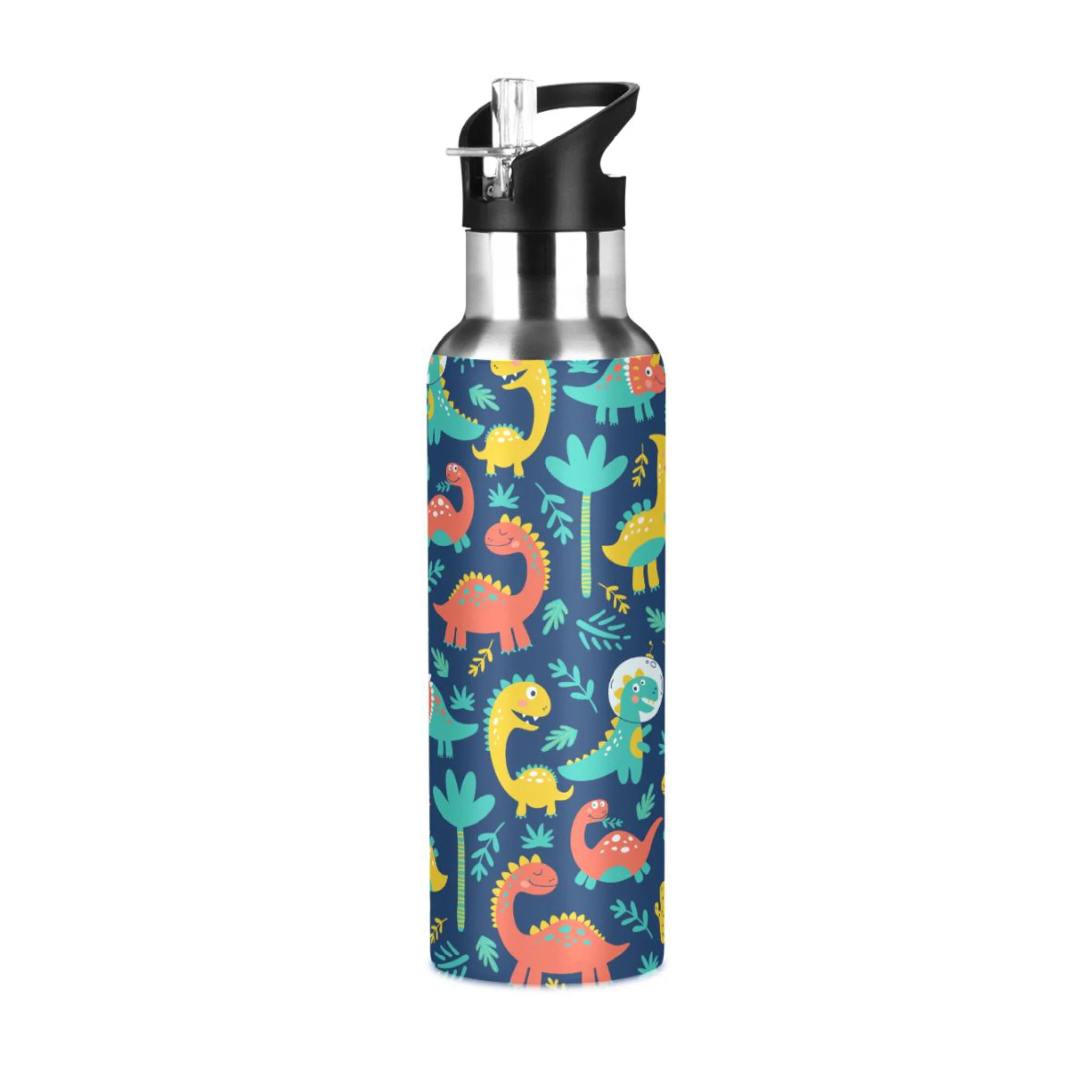 Stainless Steel Water Bottle Cute Dinosaurs with Straw Lid Vacuum Insulated Keeps Hot and Cold Leak Proof Flask Jug for Gym Travel Sports Cycling Outdoor 20 OZ