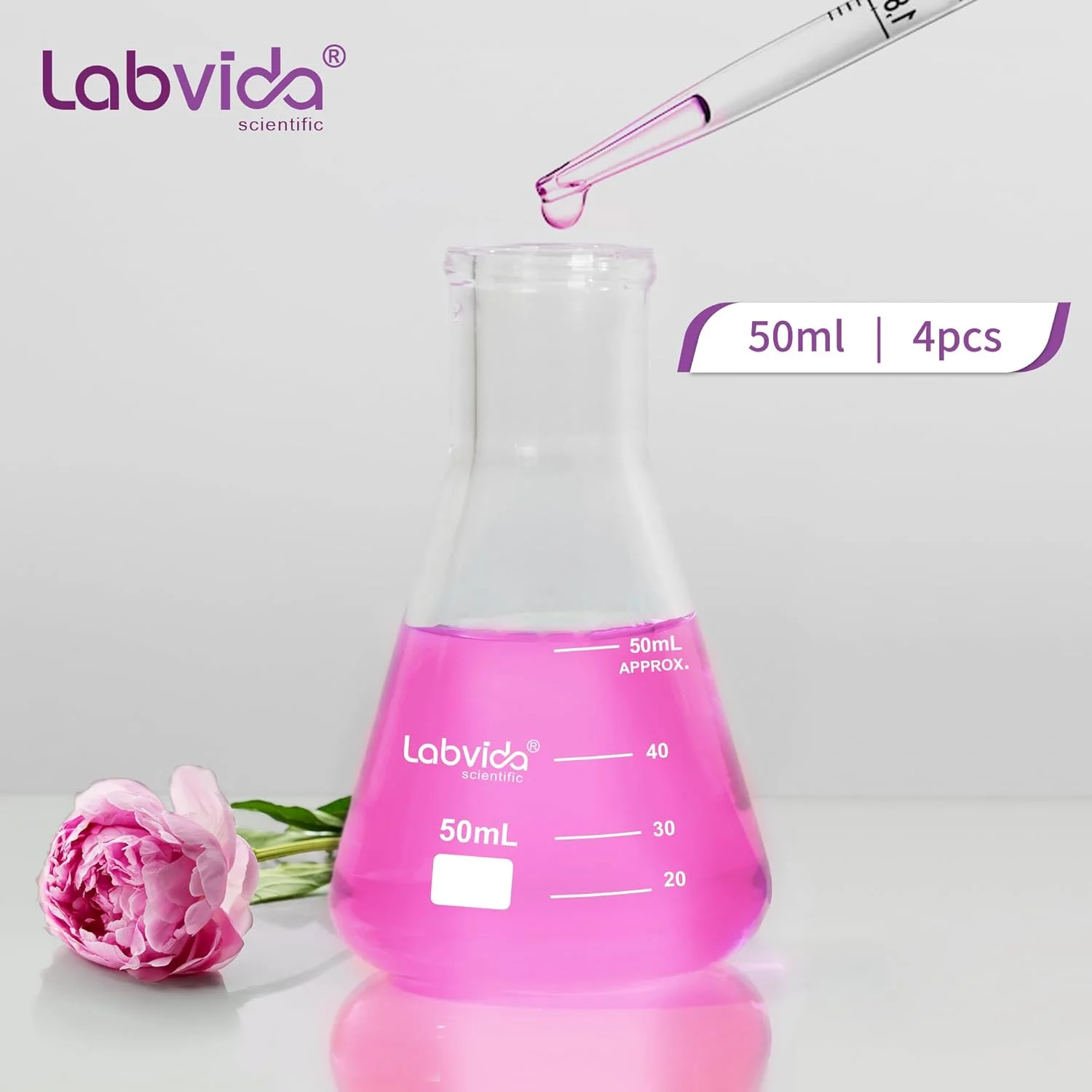 Labvida 4pcs of Narrow Mouth Glass Erlenmeyer Flasks, Vol.50ml, 3.3 Borocilicate with Printed Graduation, LVC001
