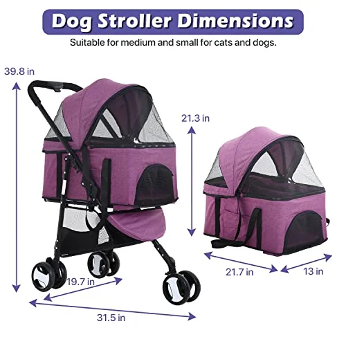 Pet Stroller 3-in-1 Folding Dog Cat Stroller for Medium Small Dogs Cats 4 Wheels Lightweight Travel Pet Stroller Dog Strollers Cat Stroller with Detachable Carrier, Black