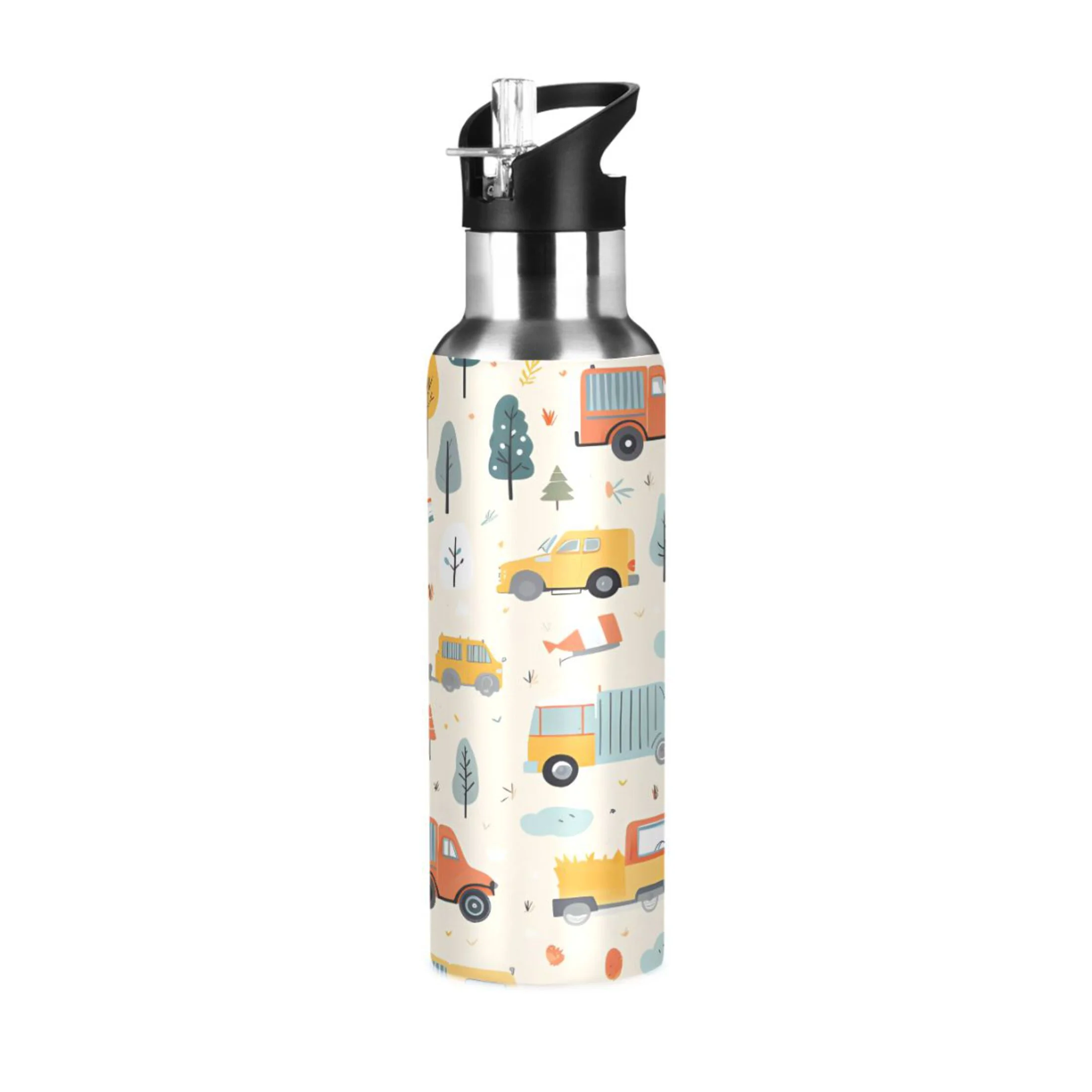 Water Bottle with Straw Lid Leak Cute Trucks and Car Stainless Steel Insulated Thermos Vacuum Flask for Cold Hot Drinking for Sports Camping Gym Yoga