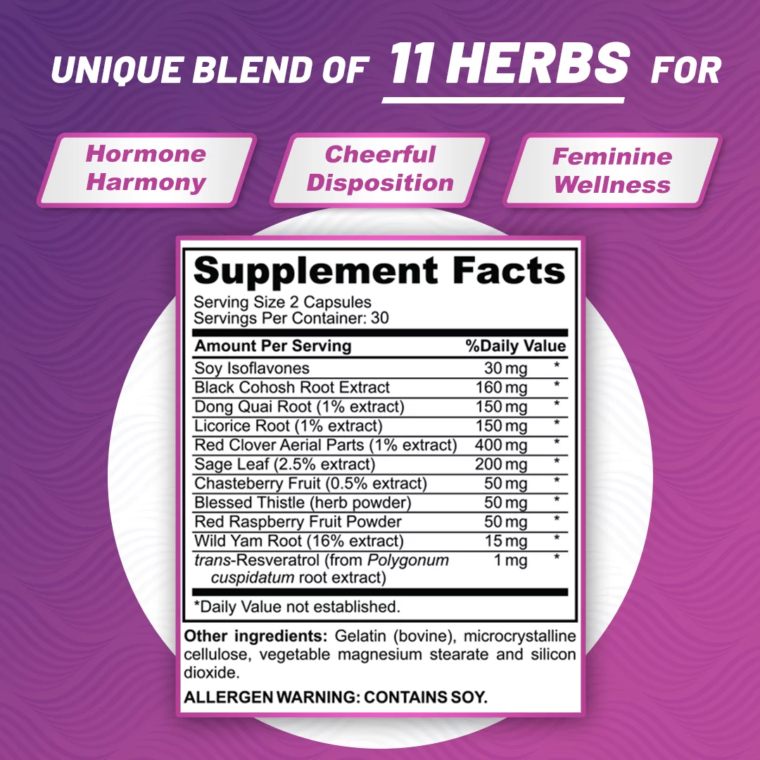 Hormone Balance for Women PMS & Menopause Relief Support Pills, Ease Female All Stages Hormonal Imbalance w Natural Herbal Supplements, Black Cohosh Red Clover Dong Quai Soy Isoflavones Complex