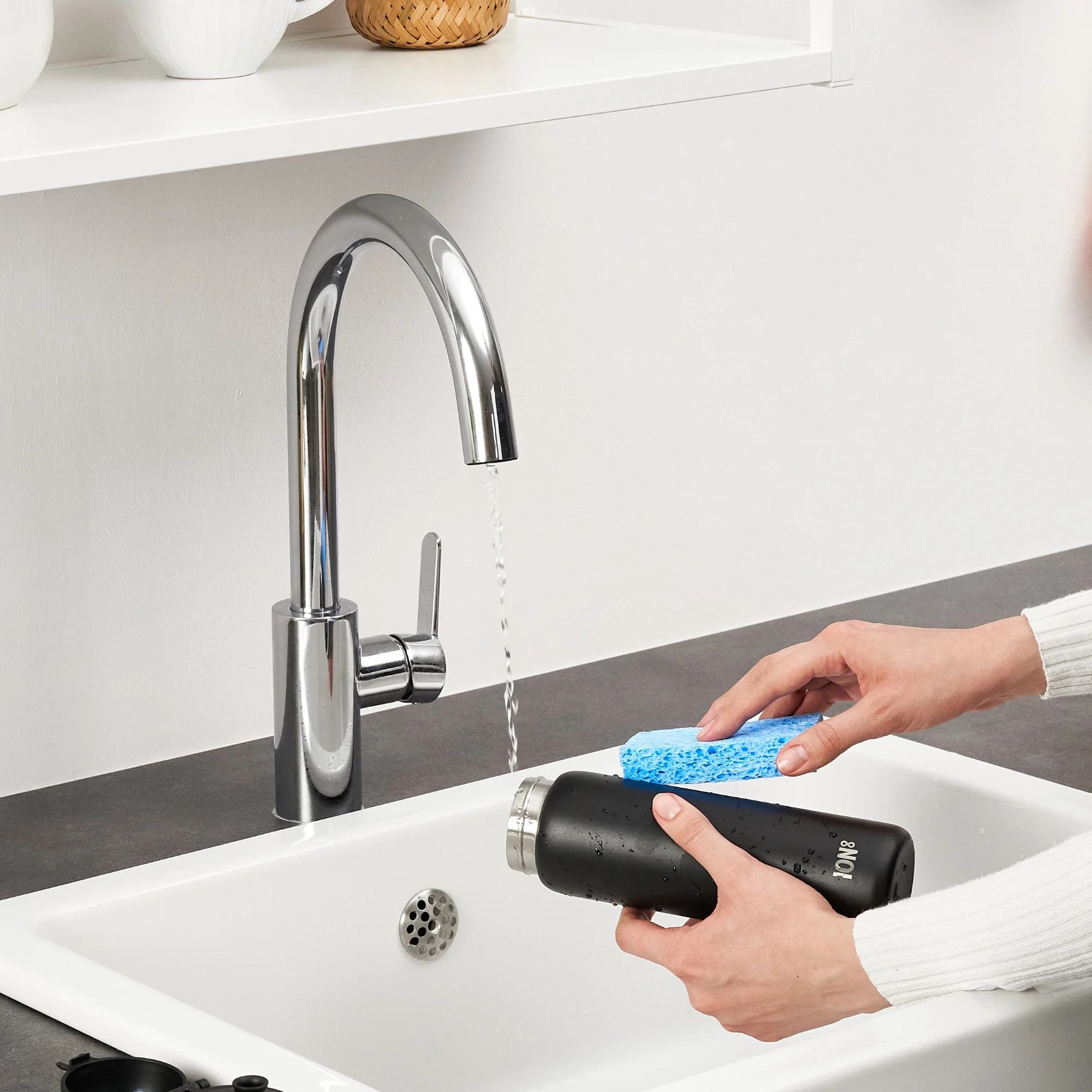 ION8 Leak Proof Flip-Top Stainless Steel Slim Water Bottle, Dishwasher-Safe, Black, 600ml (20oz)