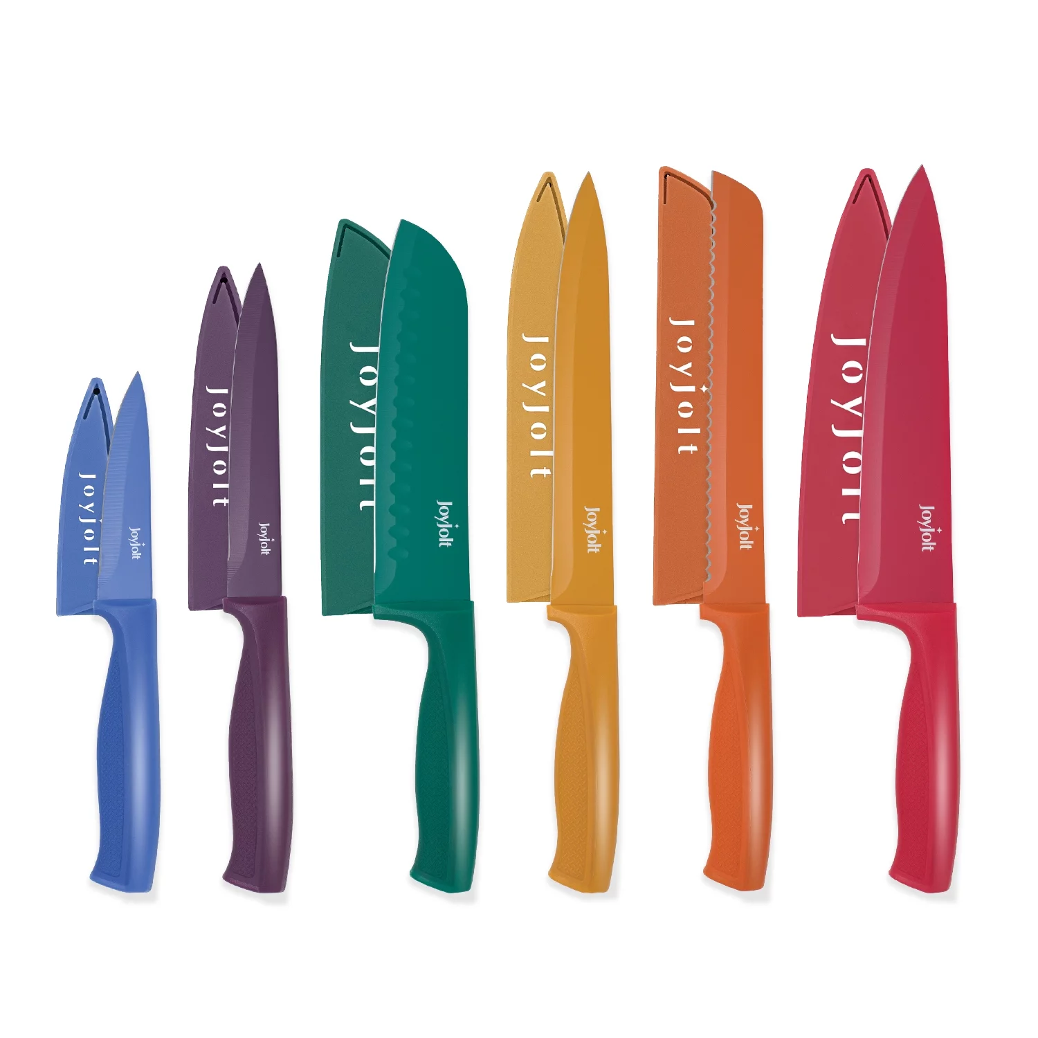 JoyJolt 12 Piece Kitchen Knives Set - 6 Stainless Steel Kitchen Knife Set with Blade Guards - Chef Knife, Bread Knife, Slicer Knife, Santoku Knife, Utility Knife, Paring Knife - Multi-Colored