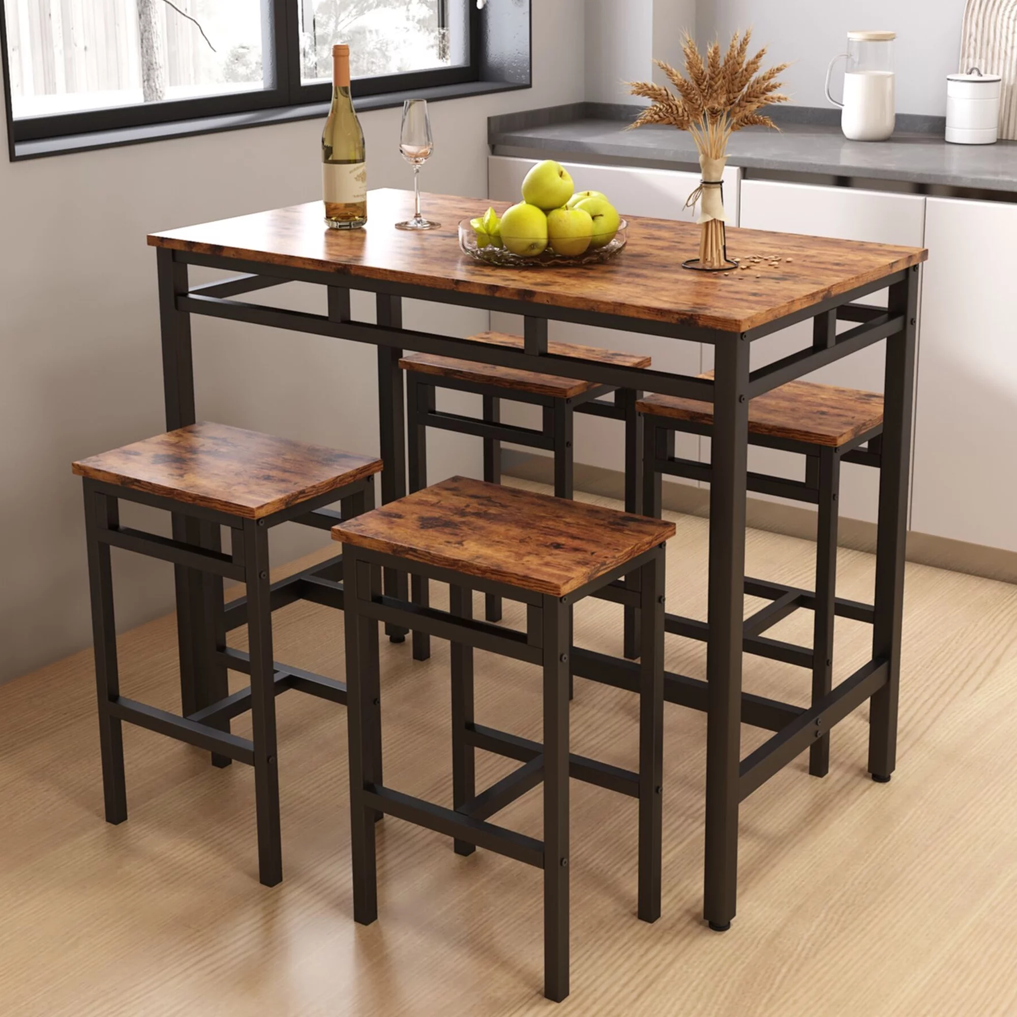 uhomepro 5 Piece Bar Table Set with 4 Stools, Metal Frame Kitchen Counter Height Table Space Saving for 4 Persons, Dining Room Table Set for Kitchen Small Apartment, Breakfast Nook, Brown
