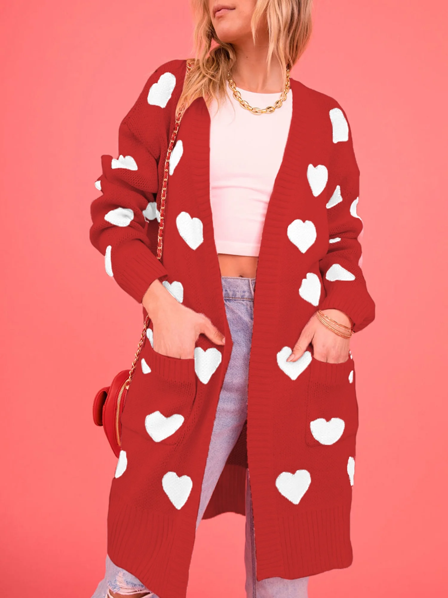 Arvbitana Women's Knit Long Cardigans Heart Print Long Sleeve Open Front Sweater Coat with Pockets Ladies Casual Warm Knitwear Outerwear for Streetwear