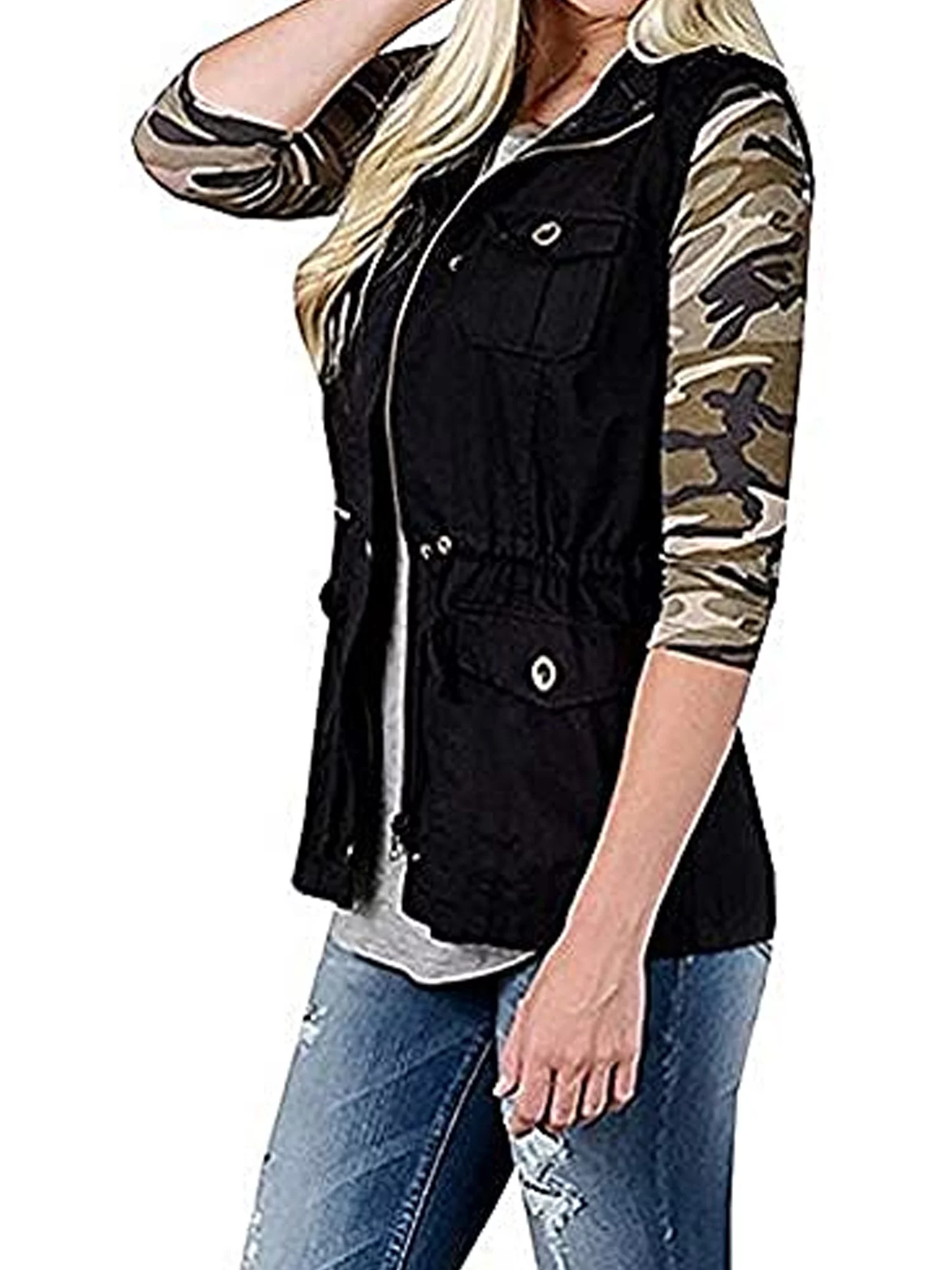 Springcmy Women Olive Cargo Utility Safari Vest Pockets Drawstring Jacket Coat