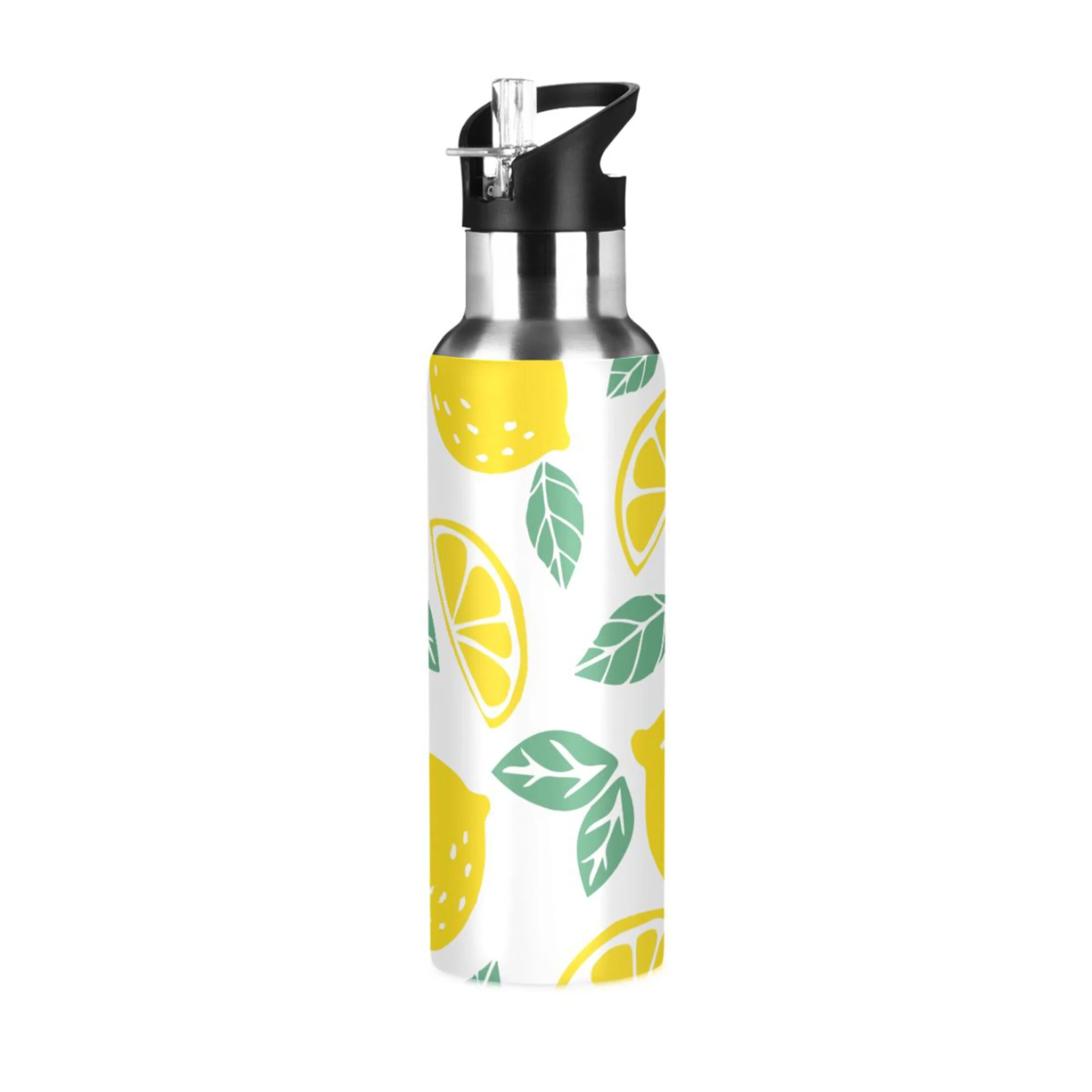 Stainless Steel Water Bottle Yellow Lemons and Green Leaves with Straw Lid Vacuum Insulated Leak Proof Flask Jug for Gym Travel Sports Cycling Outdoor 20 OZ