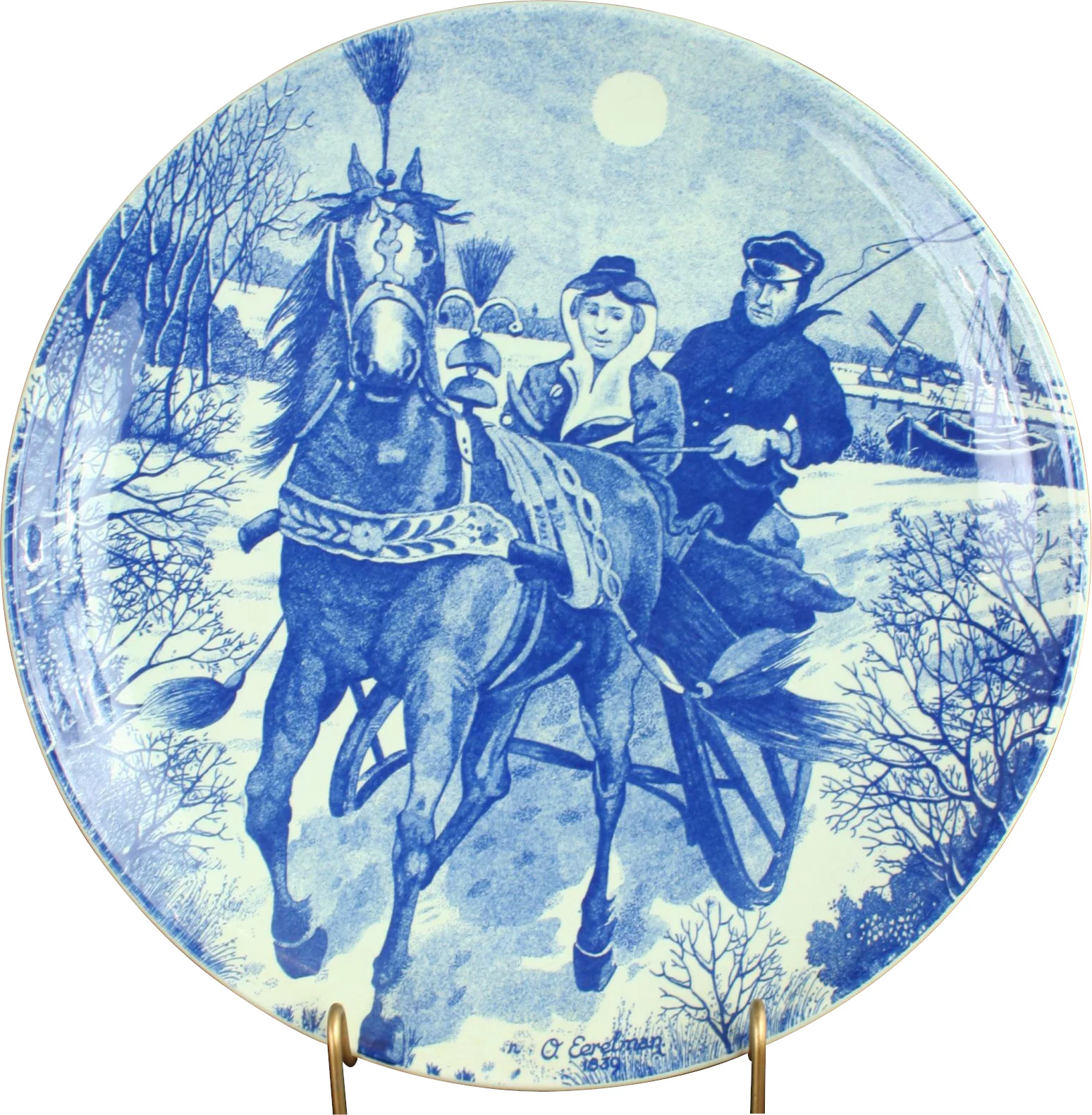 Plate Chemkefa Blue White Delft Horse Winter Sleigh Ride Ceramic Vintage 1970