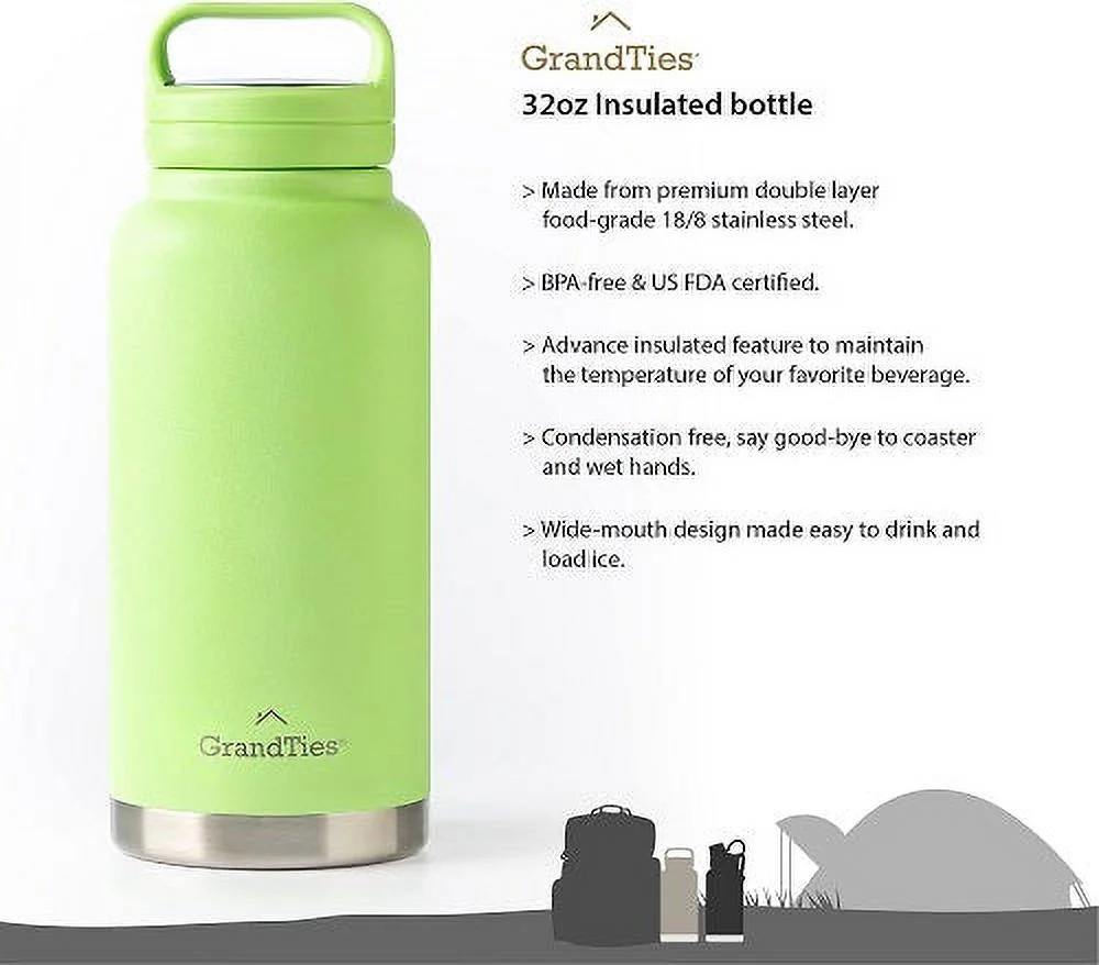 GrandTies 2 Lids Sports Stainless Steel Water Bottles &ndash; Wide Mouth Vacuum Insulated Reusable Leak Proof BPA-Free Travel Metal Canteen, Thermos Bottles for Men Women Gym