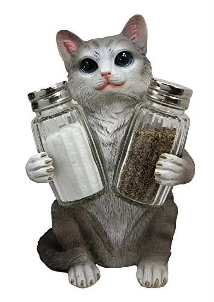 American Shorthair Grey Kitty Cat Spice Salt Pepper Shakers Holder Figurine
