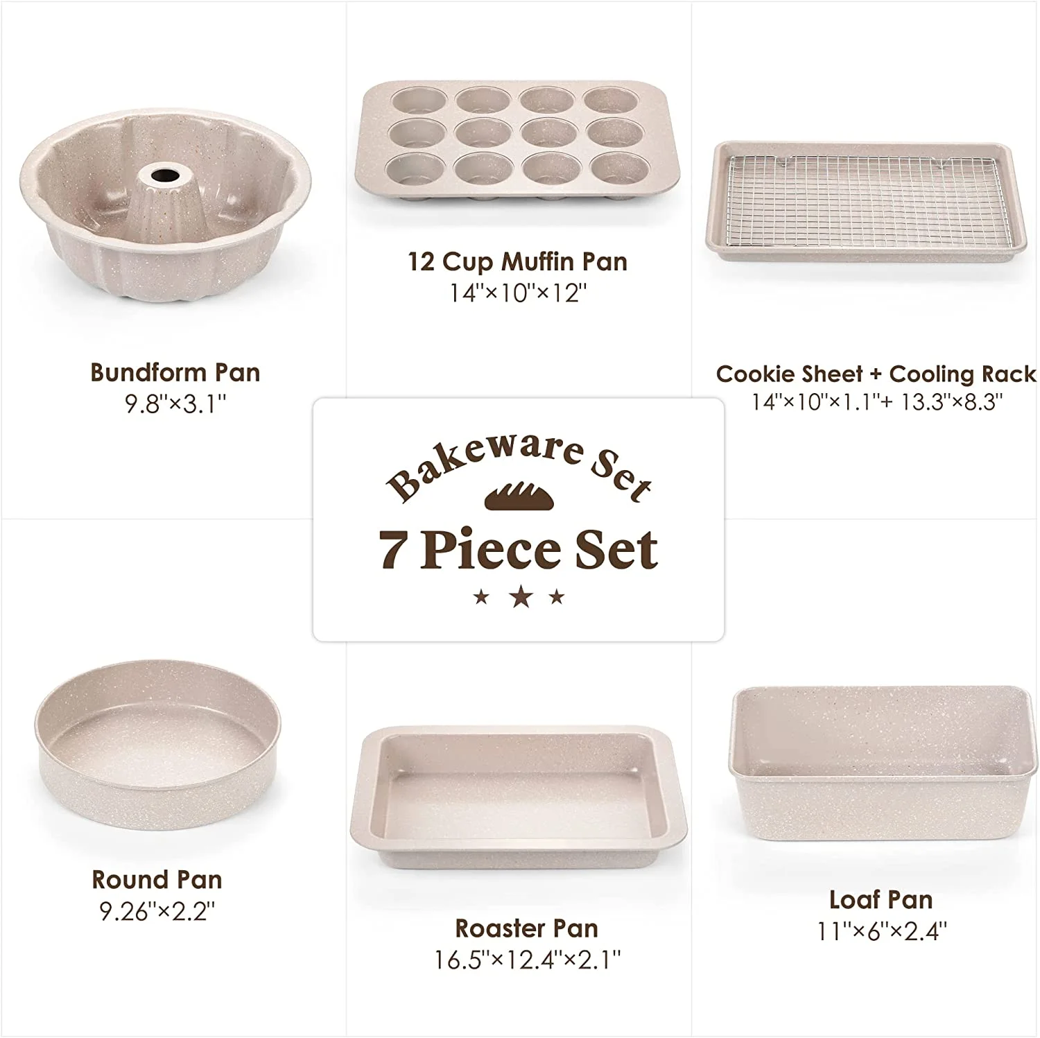 Nonstick Bakeware Set - 7 Piece Oven Bakeware With Cookie Sheet, Cake Pan, Loaf Pan, Muffin Pan, Roaster, Cooling Rack - PTFE & PFOA Free Baking Supplies