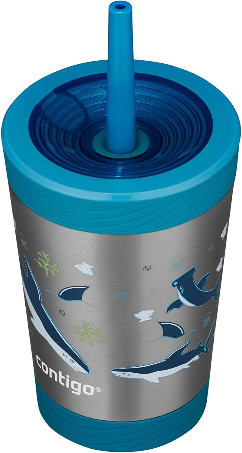 Contigo Kids Spill-Proof Tumbler with Leak-Proof Lid and Straw, 12oz Vacuum-Insulated Stainless Steel BPA-Free Water Bottle, Fits Most Cup Holders & Dishwasher Safe, Gummy/Sharks