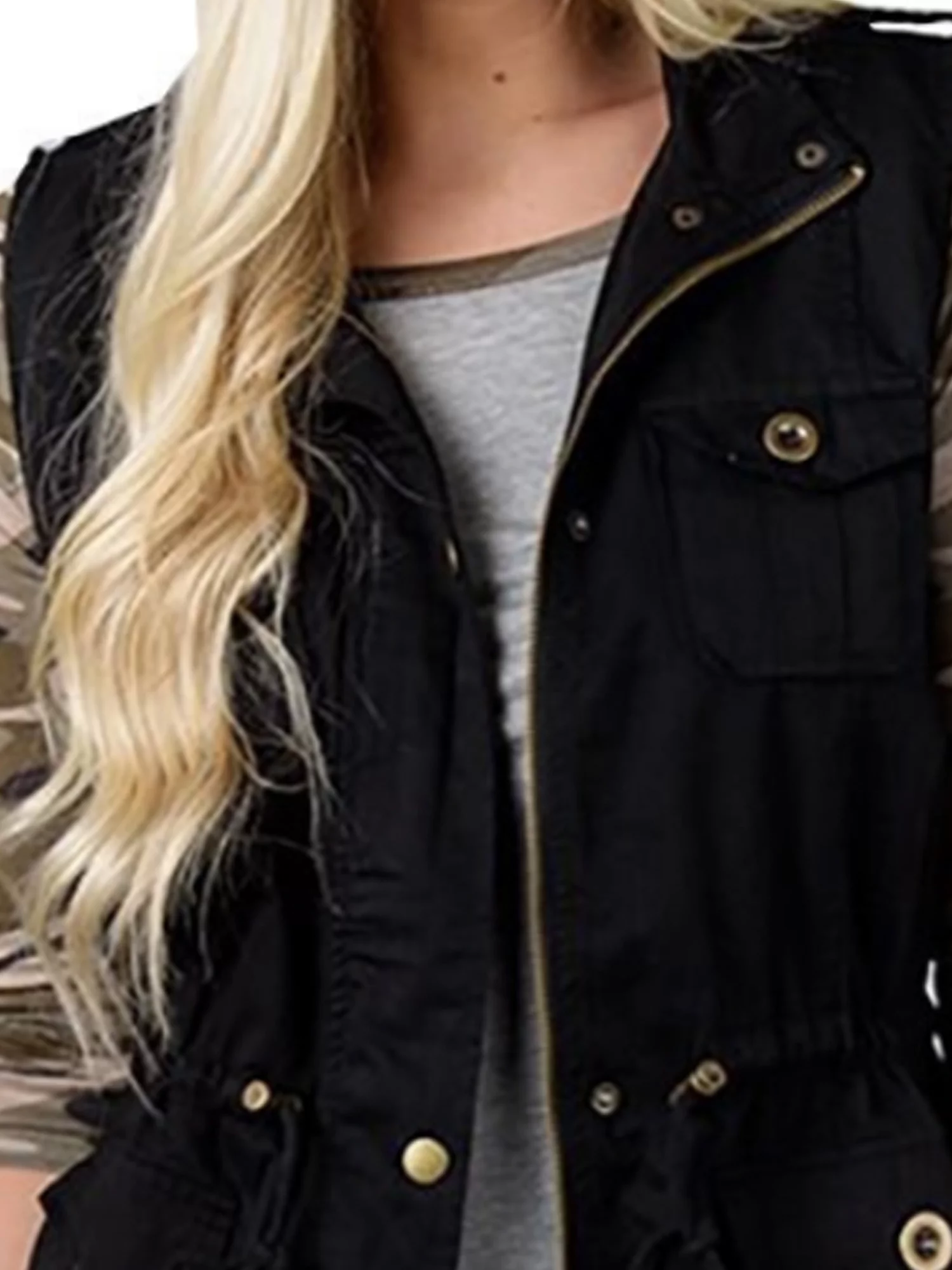 Springcmy Women Olive Cargo Utility Safari Vest Pockets Drawstring Jacket Coat