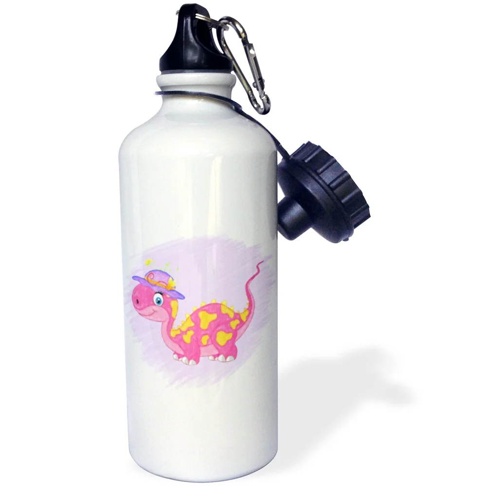 3dRose Pink and Yellow Girl Dinosaur with a Purple Hat in Crayon for Kids - Straw Water Bottle, 21-ounce