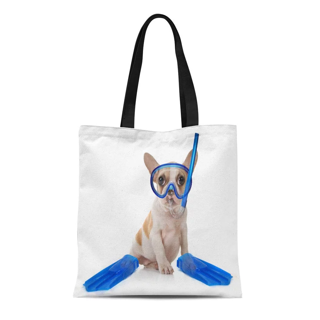 ASHLEIGH Canvas Tote Bag Sitting Puppy Dog Snorkeling Gear of Mask Fins Studio Reusable Shoulder Grocery Shopping Bags Handbag