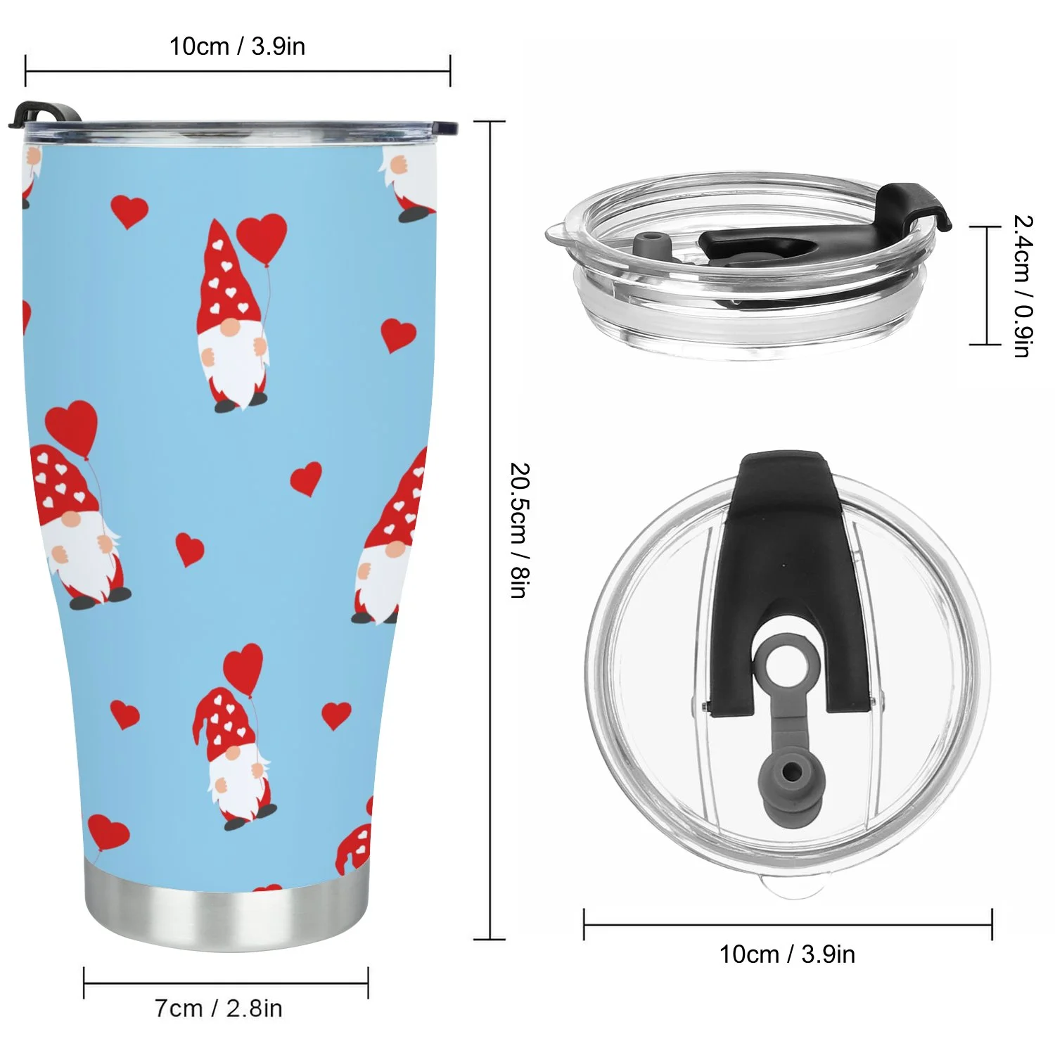 Hidove Stainless Steel Tumbler, Cute Valentines Gnomes in Red Hats and Hearts 30oz Leak Proof & Stainless Steel Bottle for Hot & Cold Drinks - Coffee Travel Mug, Water Metal Canteen, Thermal Cup