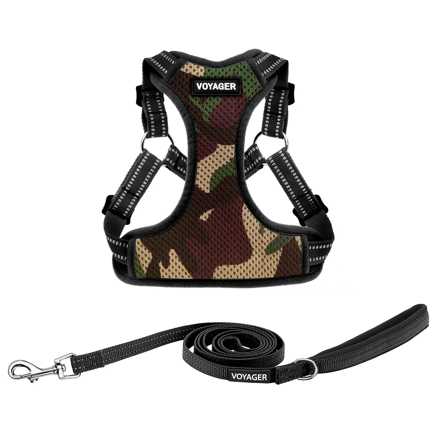 Best Pet Supplies Voyager Adjustable Dog Harness Leash Set with Reflective Stripes for Walking Heavy-Duty Full Body No Pull Vest with Leash D-Ring, Breathable All-Weather - Army/Black Trim, L