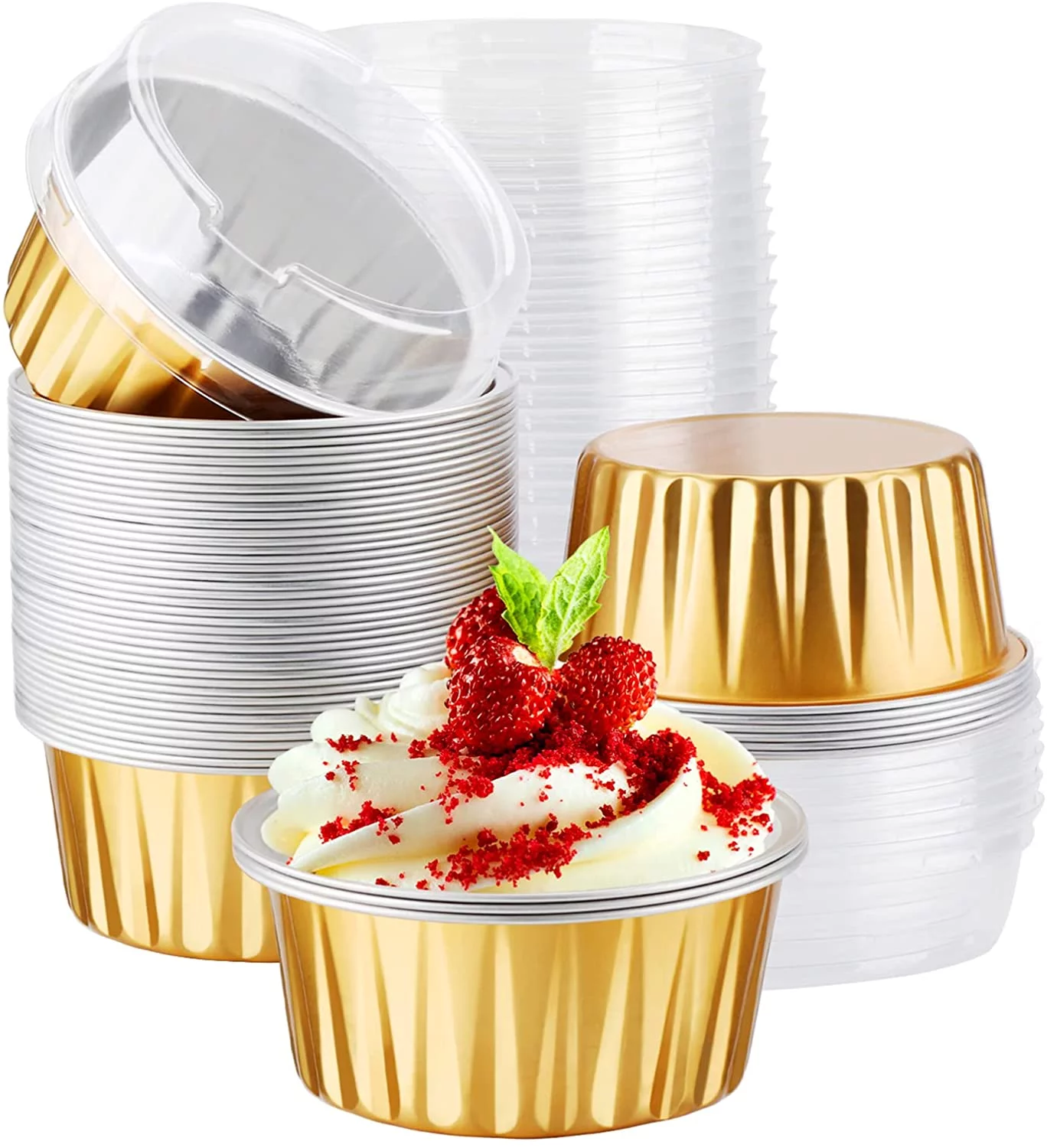 Disposable Ramekins, Gold 50pcs 5oz Mini Aluminium Foil Baking Cups with Lids Creme Brulee Cupcake Liners, Desert Cheesecake Pans Flan Molds Tin Cups Containers for Party Favor Birthday