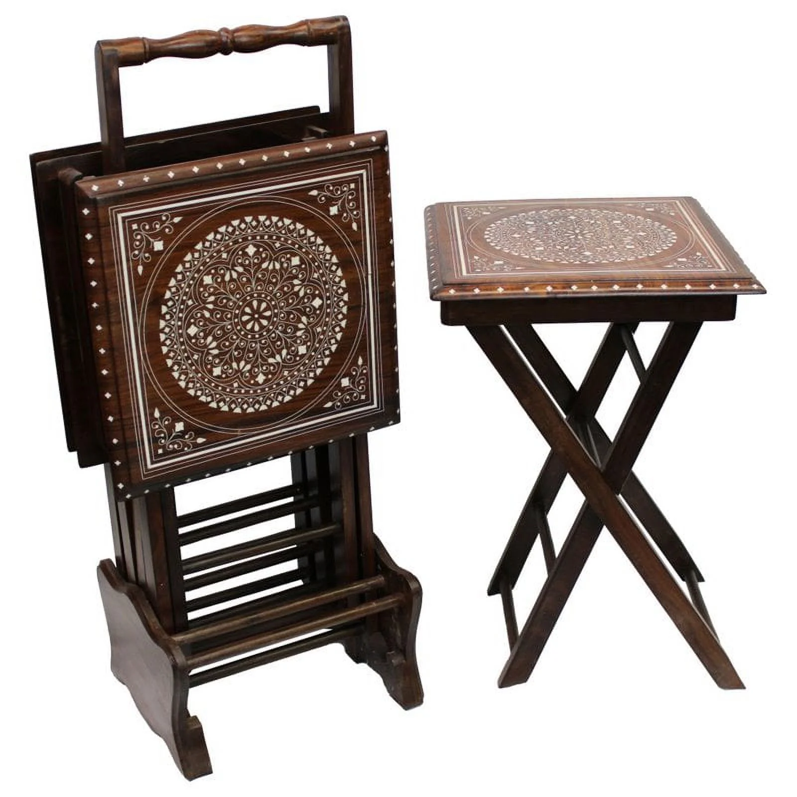 Natural Geo Decorative Set of 4 Tray Tables with Stand - White Circle