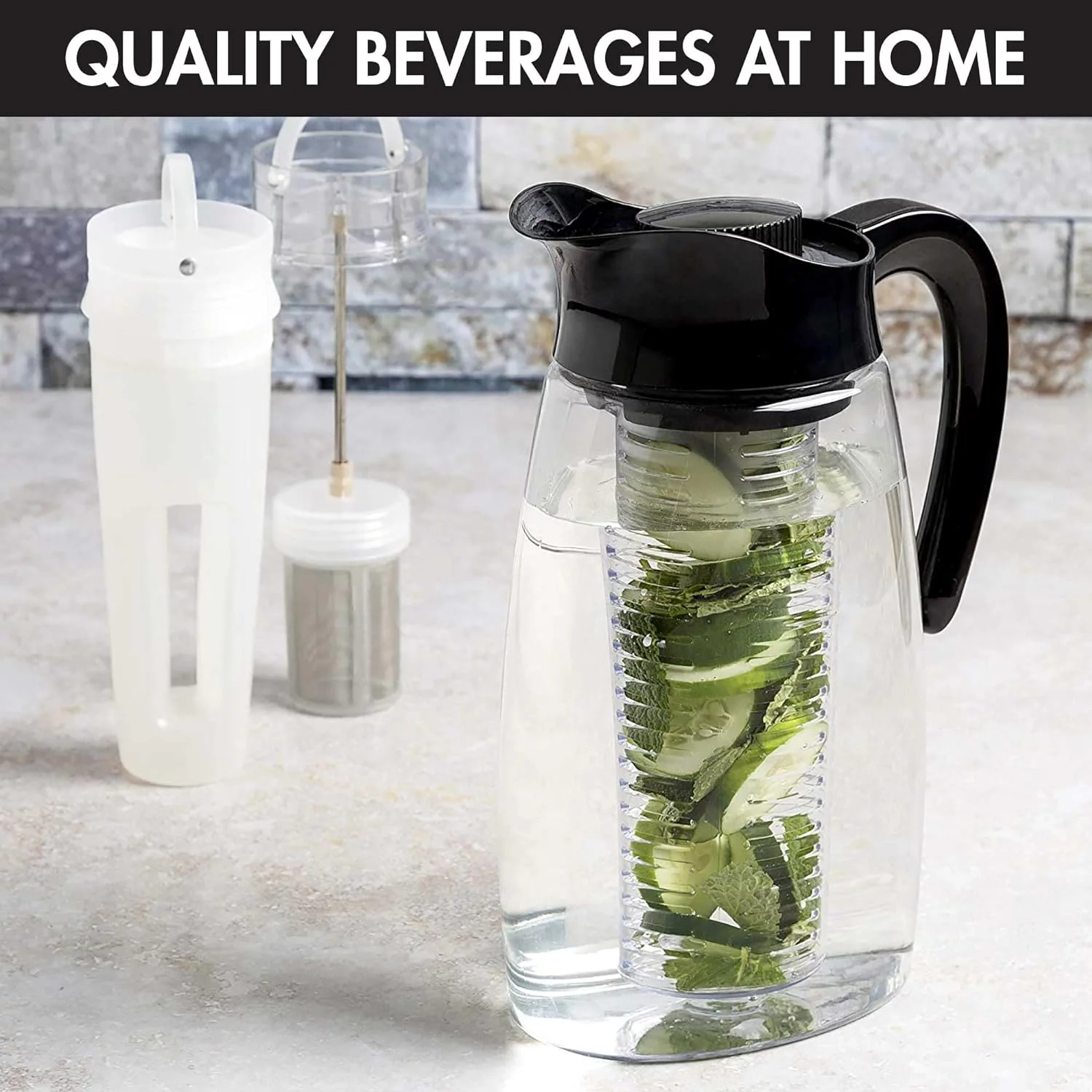 Primula Flavor-It Beverage System, Includes Large Capacity Fruit Infuser Core, Tea Infuser Core, and Chill Core, Dishwasher Safe Pitcher, 2.9-Quart, Black