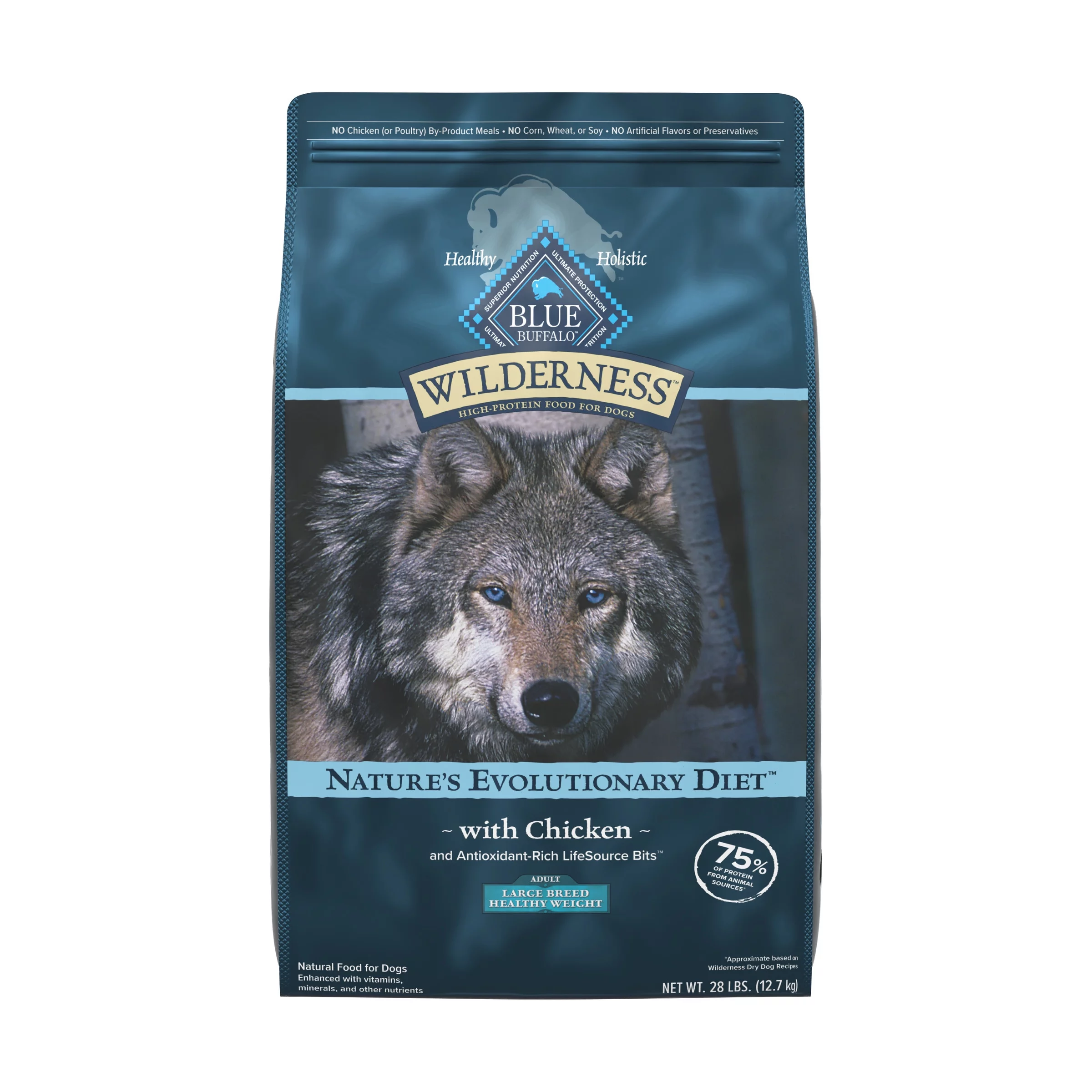 Blue Buffalo Wilderness High Protein Natural Large Breed Healthy Weight Adult Dry Dog Food Plus Wholesome Grains, Chicken 28 lb Bag