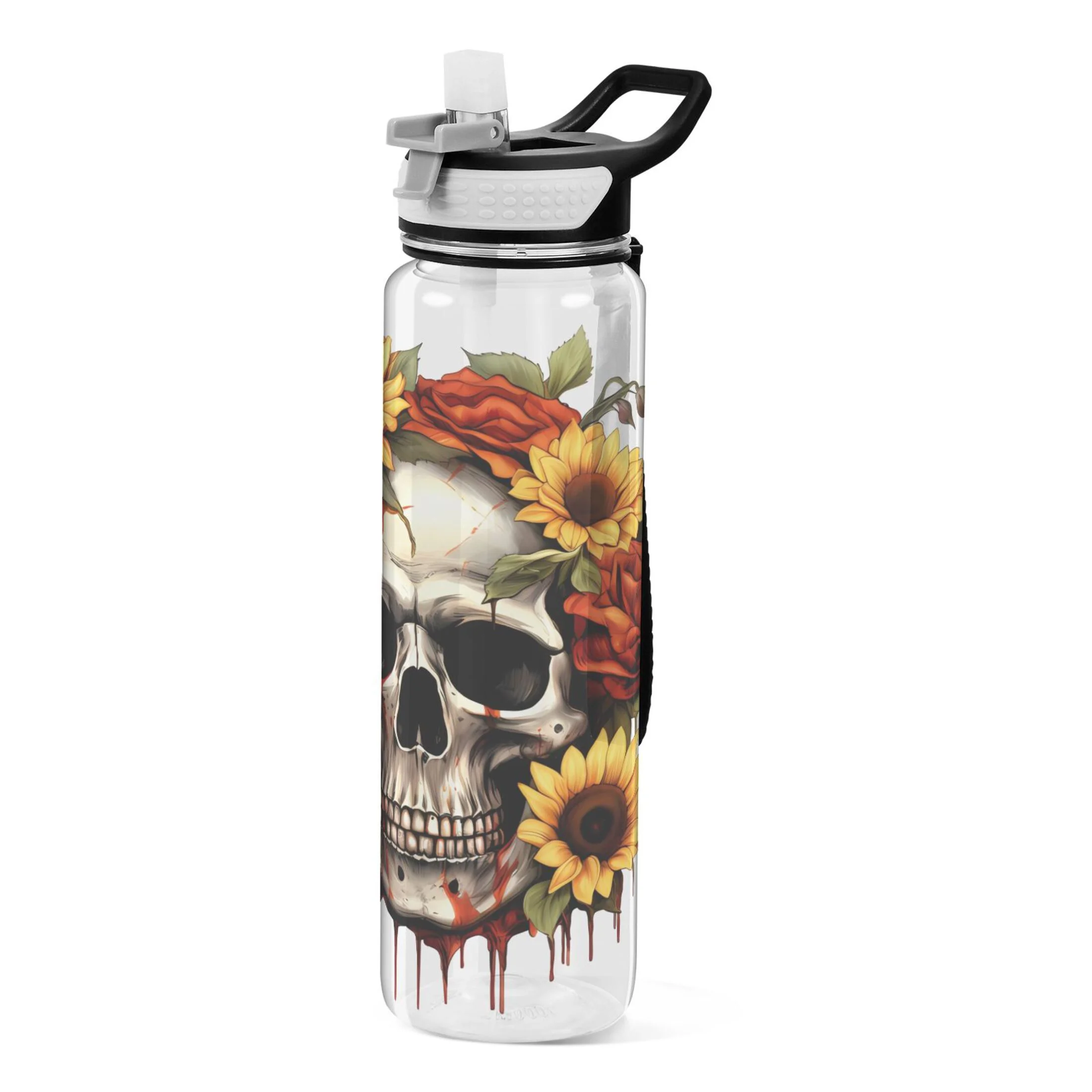 Sunflowers on Skeletons 32oz Water Bottles with Straw Tritan Leakproof Sports Bottle BPA Free Clear for Fitness Gym Swimming Cycling