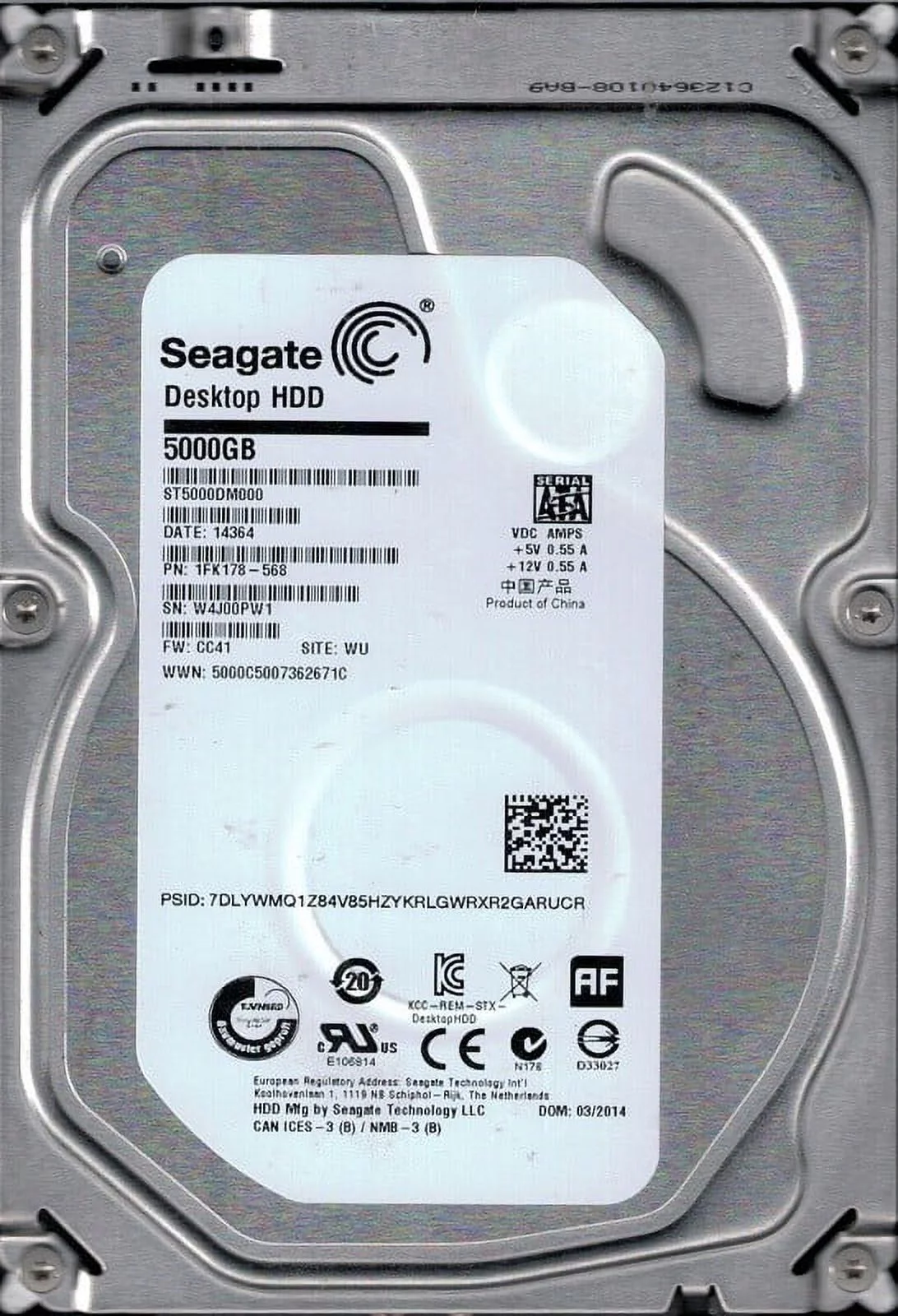 Seagate ST5000DM000 P/N: 1FK178-568 F/W: CC41 WU W4J 5TB