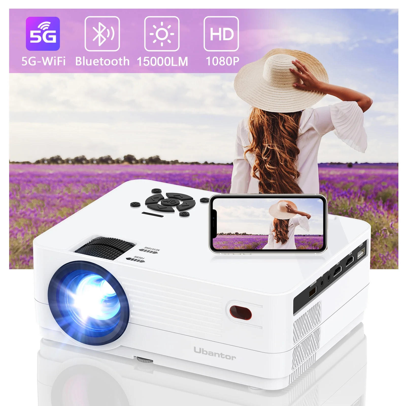 Native 1080P 5G WiFi Bluetooth Projector (Carrying Bag Included), 15000LM Full HD Movie Projector, LCD Technology 300