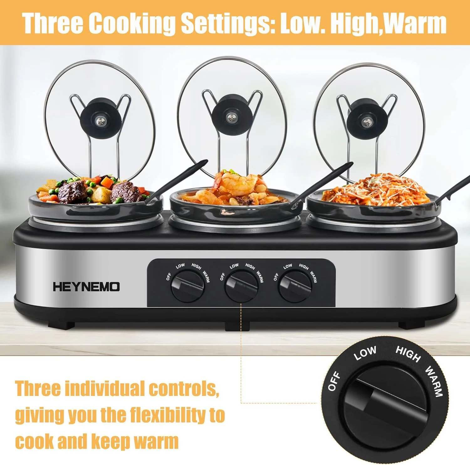 Triple Slow Cooker with Non-Skid Feet, 3脙鈥?.5 QT Slow Cooker Buffet Server, 3 Pots Food Warmer Adjustable Temp Lid Rests Stainless Steel Manual Silver for Parties Holidays Families
