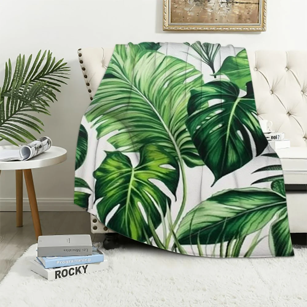 JEUXUS  Palm Leaves Throw Blanket Green Hawaiian Blanket All Season,Monstera Banana Leaves Fuzzy Blanket Living Room Decor,Summer Tropical Leaves Plush Blanket Lightweight Warm