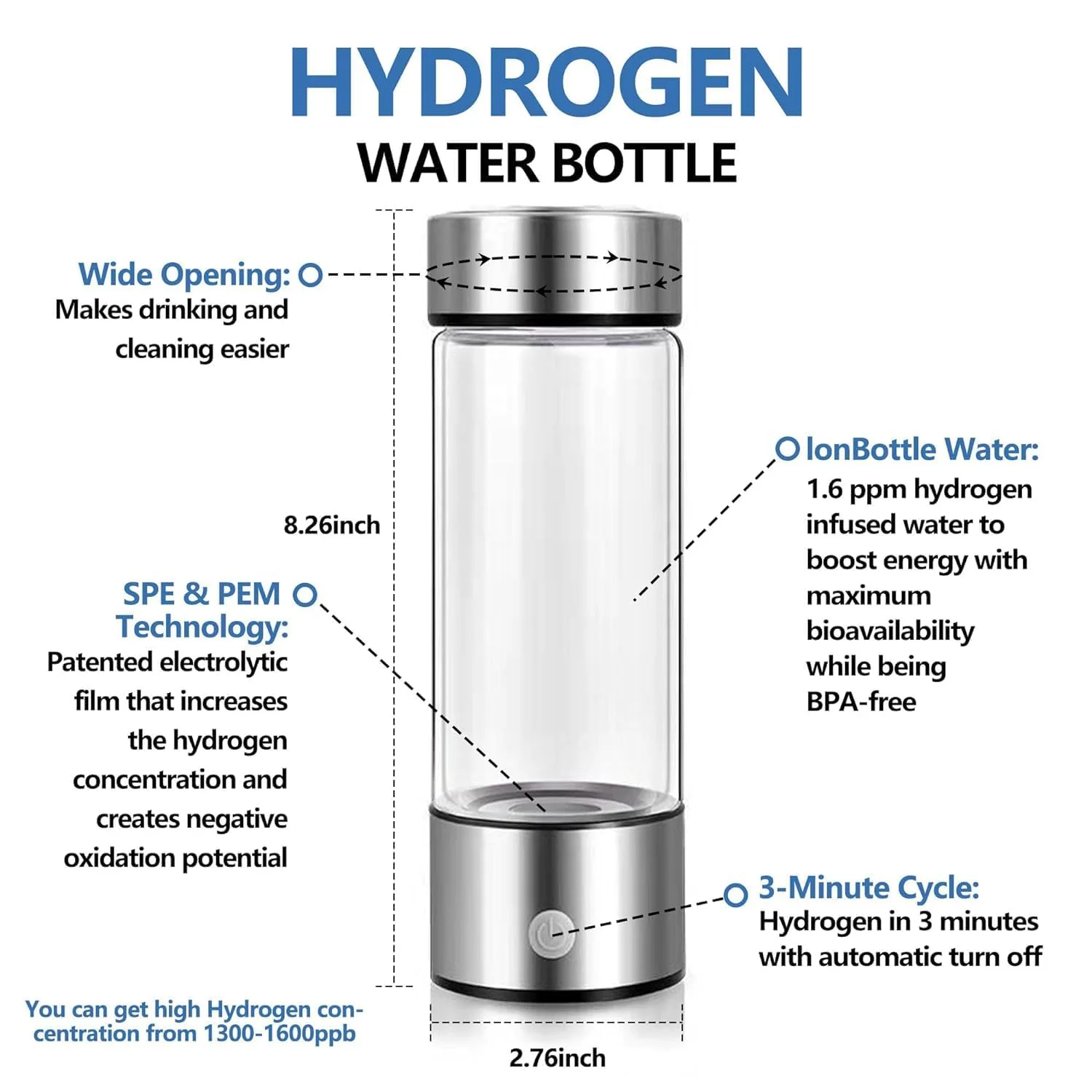 Hydrogen Water Bottle, Hydrogen Ionizer Water Bottle, Rechargeable Portable Hydrogen Water Machine Generator for Home Office Travel (Blue)