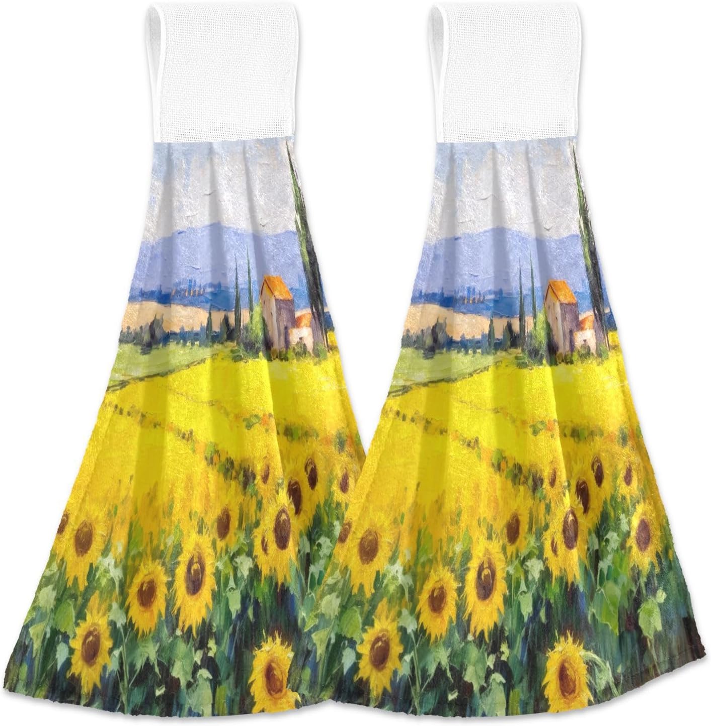 Coolnut Countryside Sunflowers Kitchen Towels, 2PCS Super Soft Absorbent Hanging Hang Towels or Dishcloths, Bathroom Hand Towels 12x17Inches Wash cloth