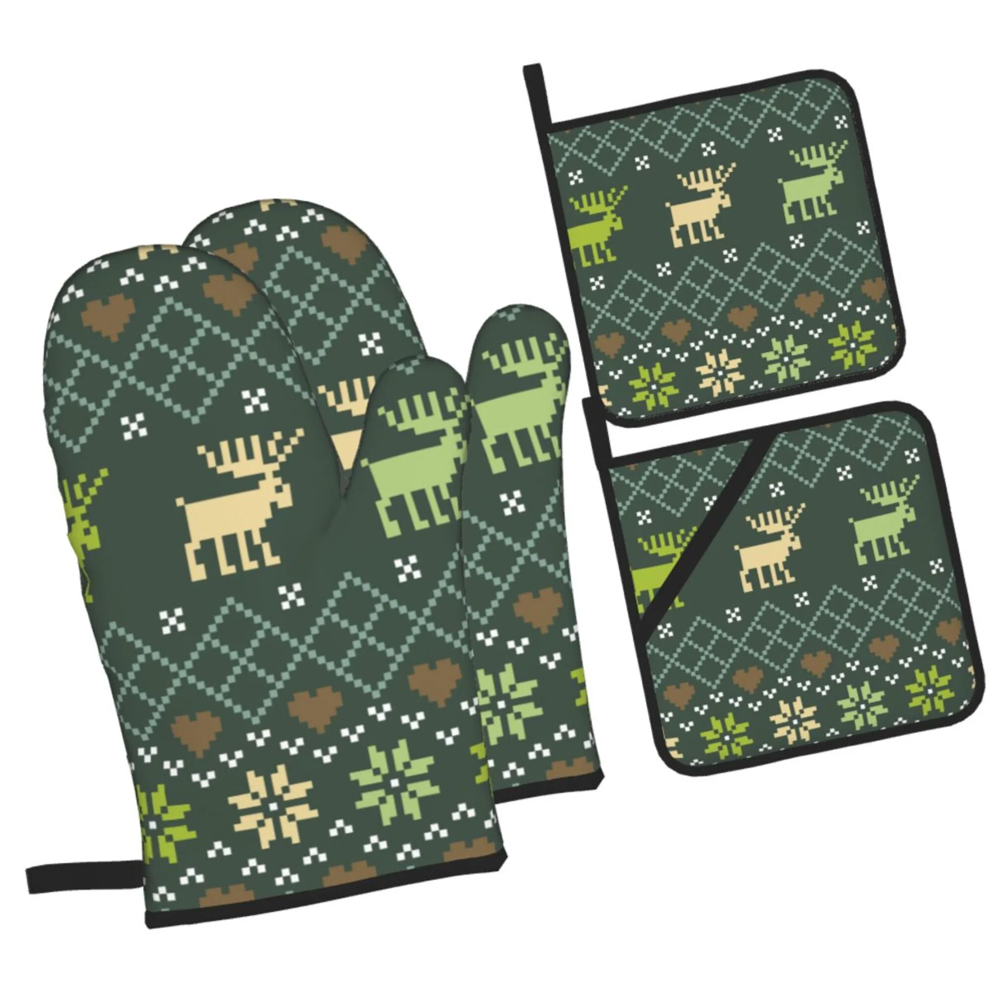 Santa'S Deer Oven Mitts And Pot Holders Sets Baking Sets For Kitchen Bbq Gloves Heat Resistant Cooking Christmas, Deer 4 Pcs
