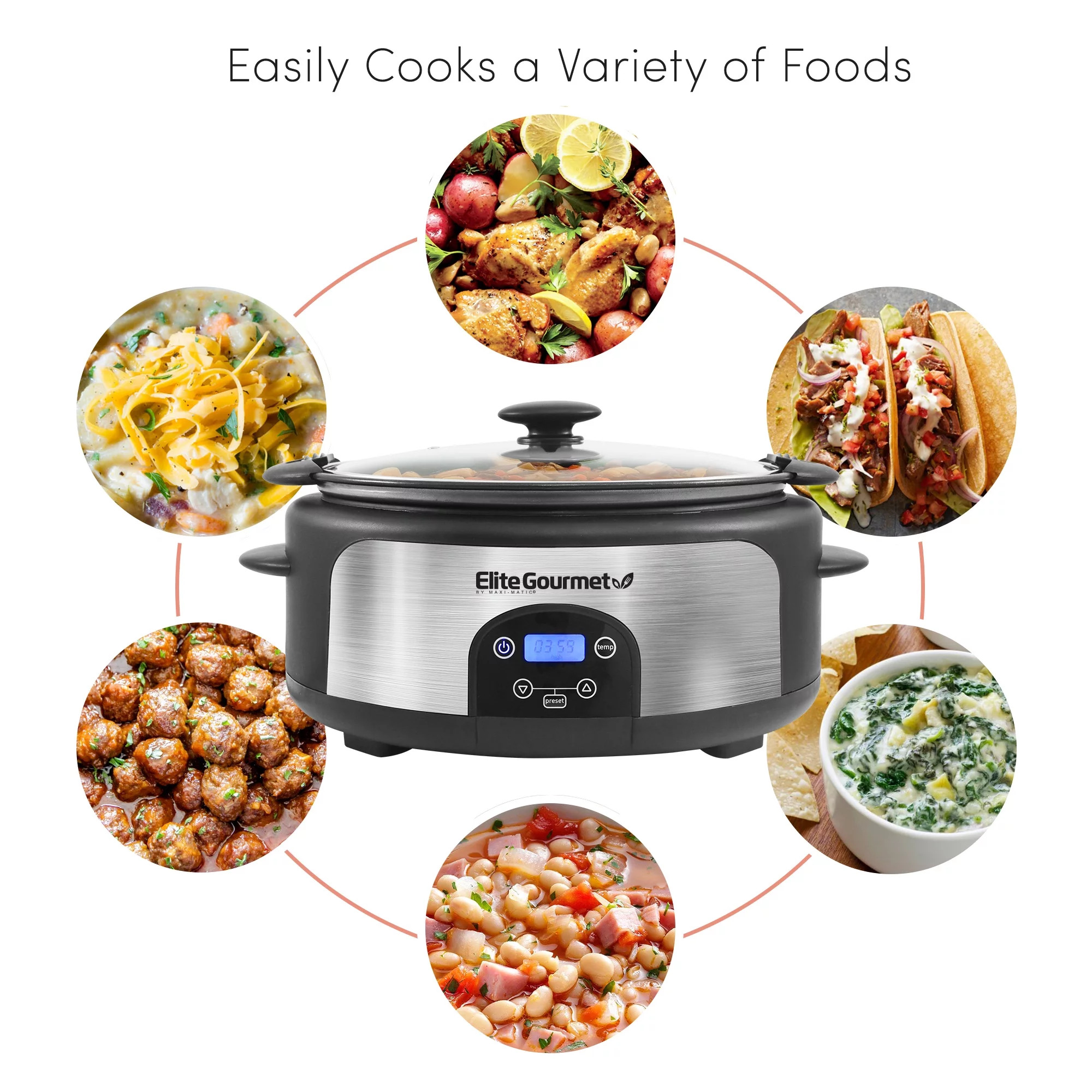 Elite Platinum MST-610DT 6Qt. Programmable Stainless Steel Slow Cooker with Locking Lid