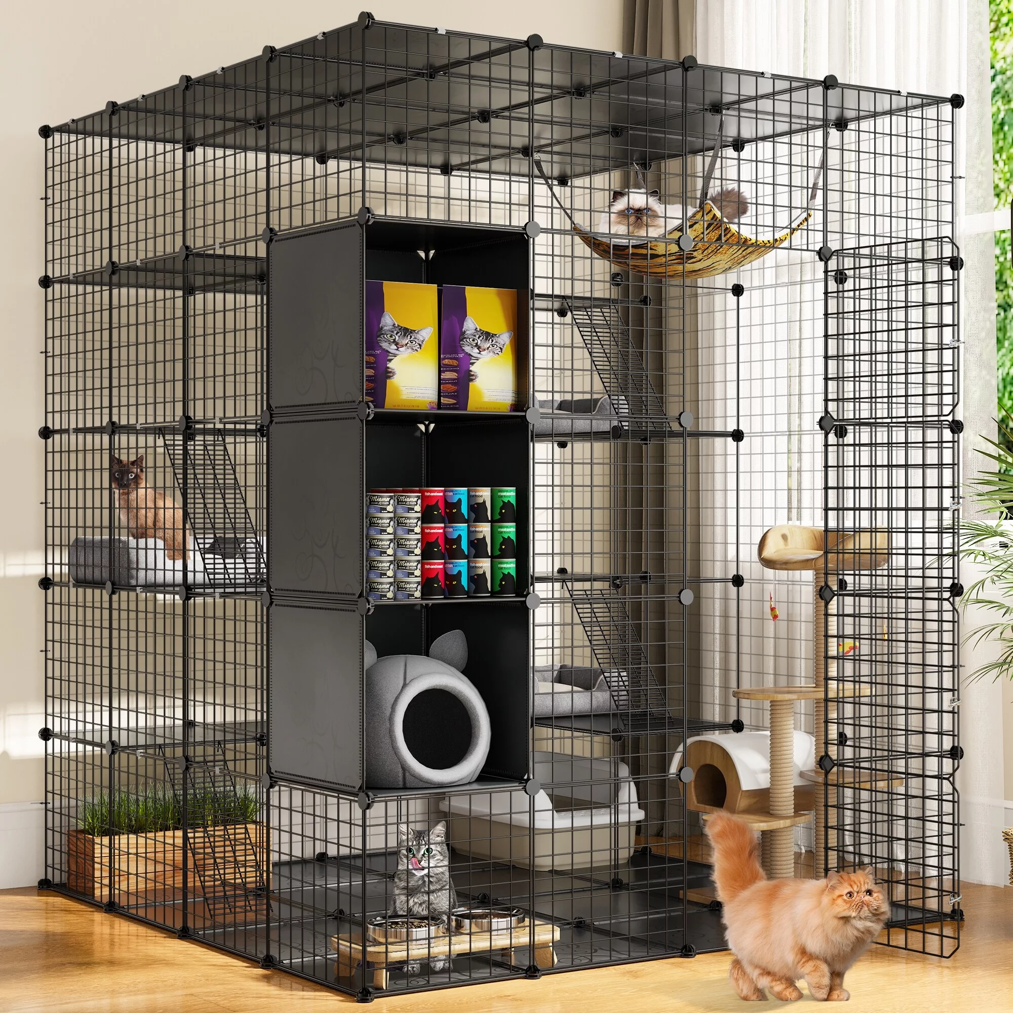 Large Cat Cage with Storage Cube DIY Indoor Catio Metal Cat Playpen with Hammock Platforms for 1-4 Cats 5 Tiers Cat Kennel