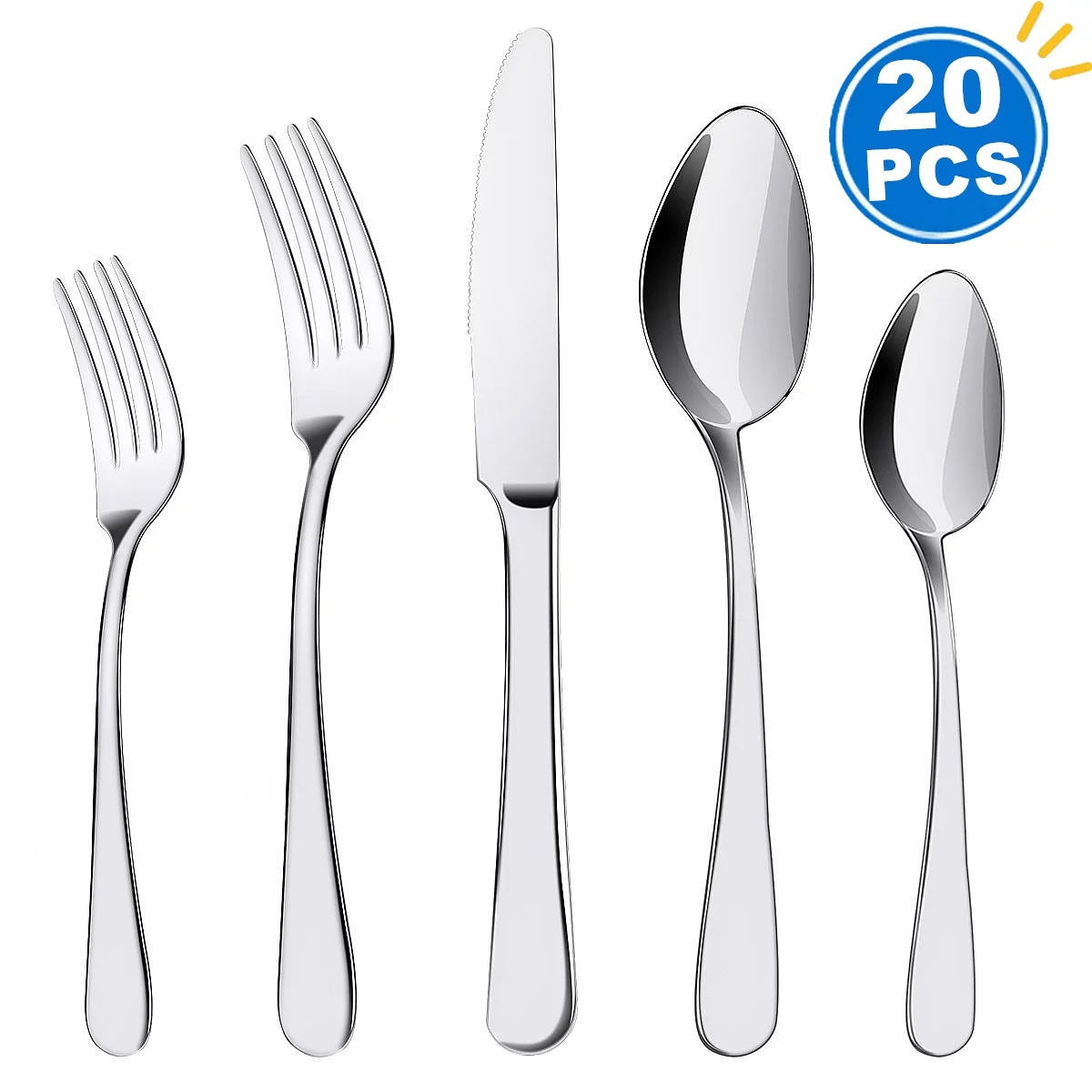 Silverware Set 20 Piece Gold Silverware Flatware Cutlery Set With Stand Include Knife Fork Spoon,Hanging Stainless Steel Utensils Set Service for 4, Dishwasher Safe (silver)